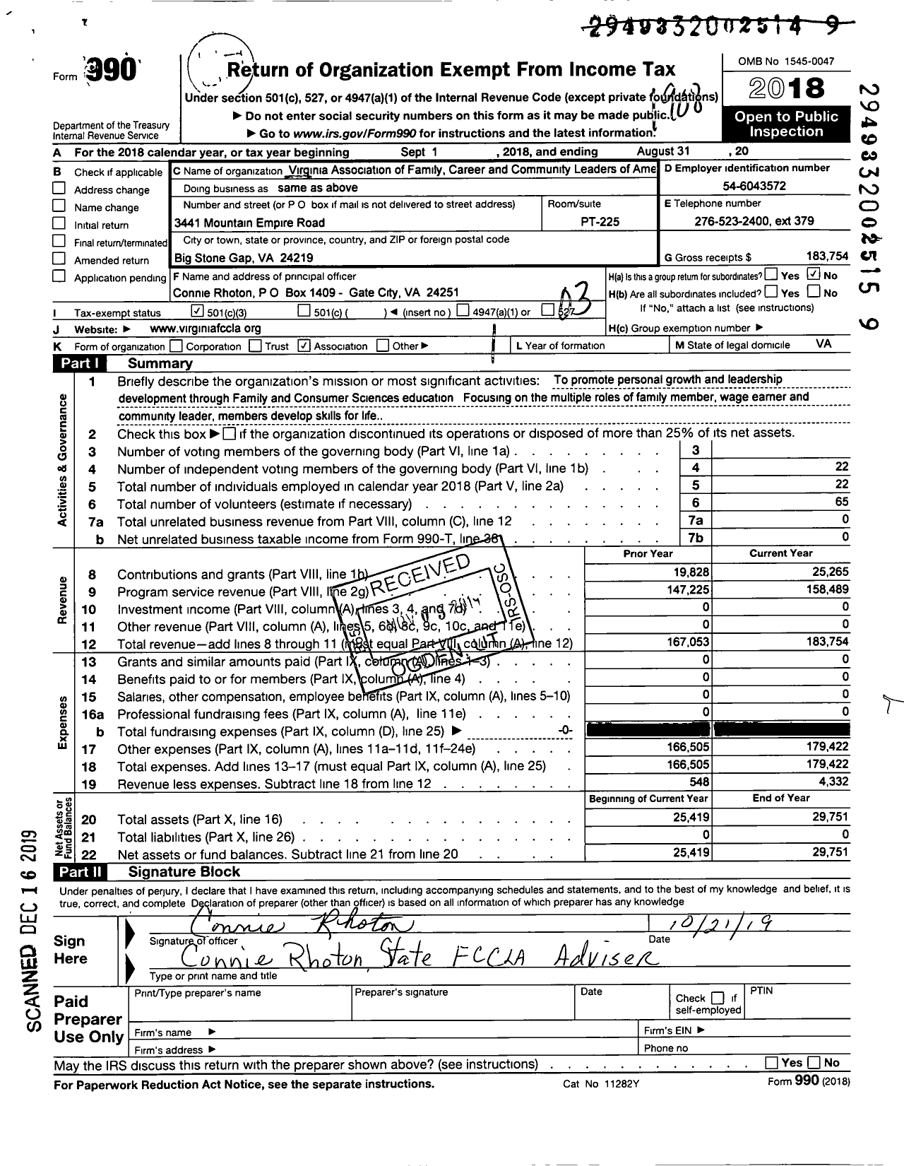 Image of first page of 2018 Form 990 for Virginia FAMILY CAREER and COMMUNITY LEADERS OF AMERICA Virginia Association