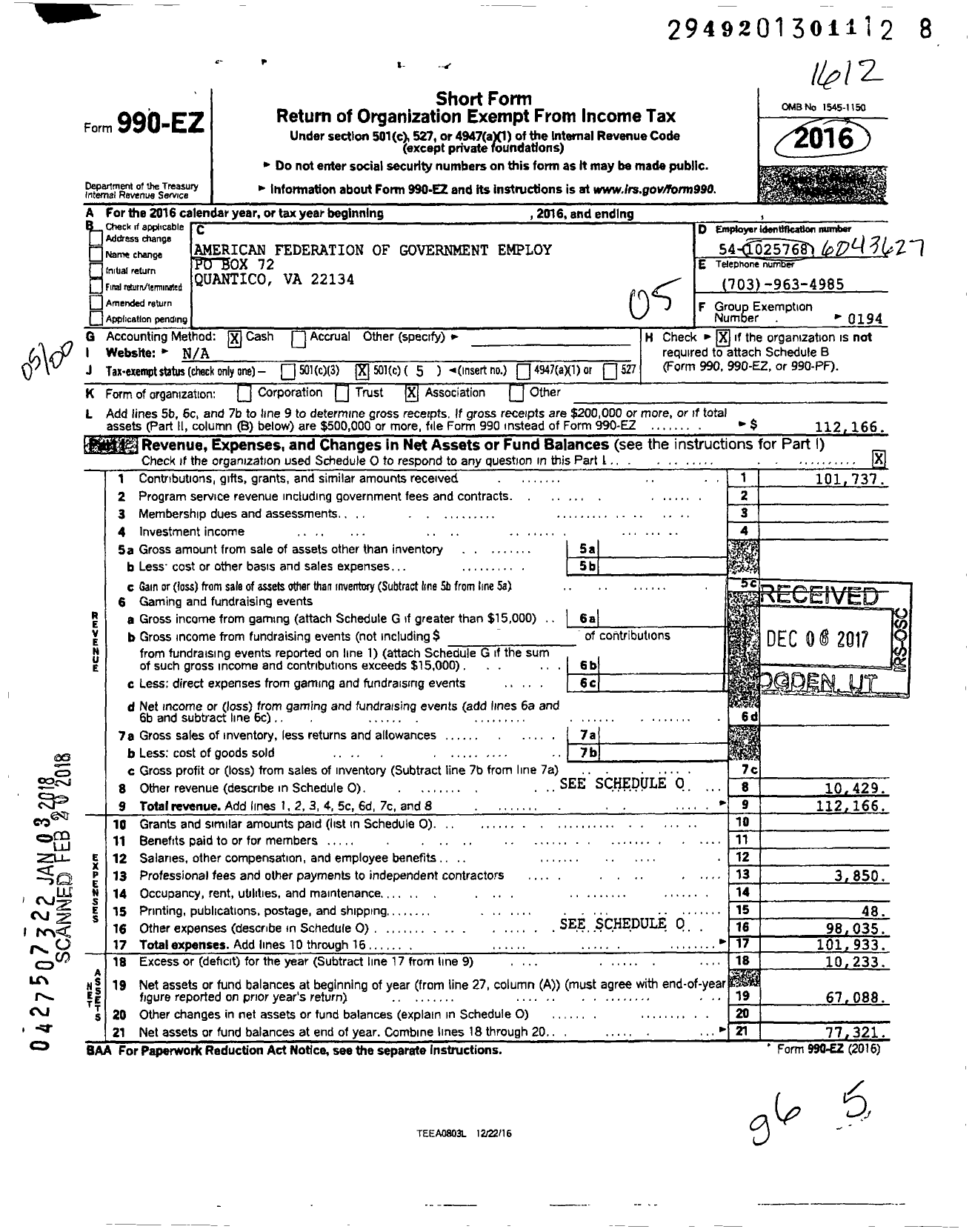 Image of first page of 2016 Form 990EO for American Federation of Government Employees - 1786 AFGE DOD Local