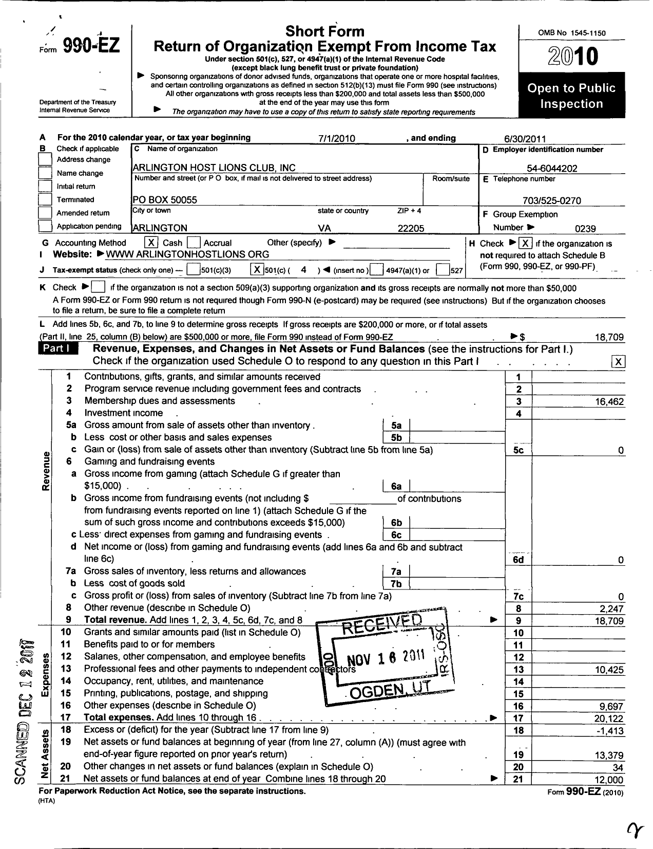 Image of first page of 2010 Form 990EO for Lions Clubs - 9112 Arlington Host