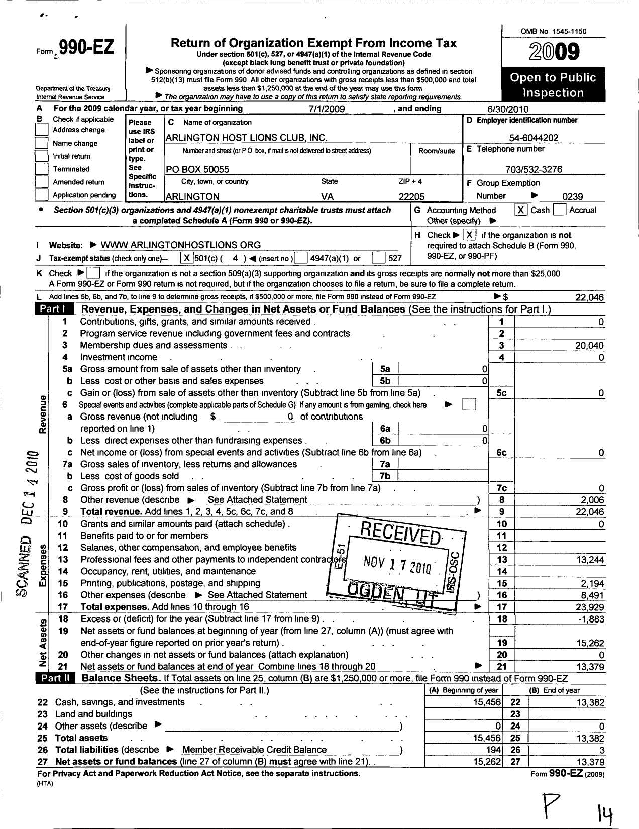 Image of first page of 2009 Form 990EO for Lions Clubs - 9112 Arlington Host