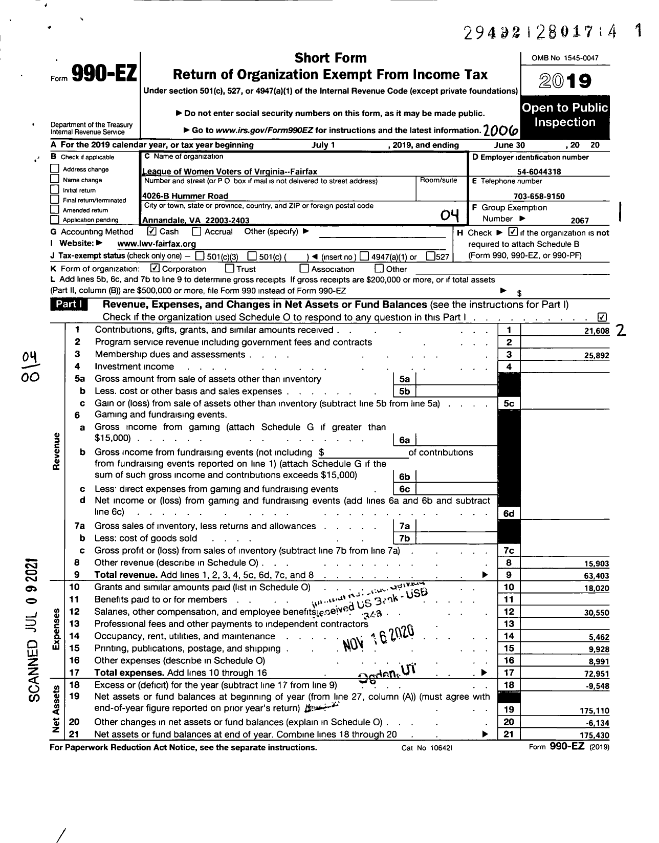 Image of first page of 2019 Form 990EO for League of Women Voters of Virginia / LWV of the Fairfax Area