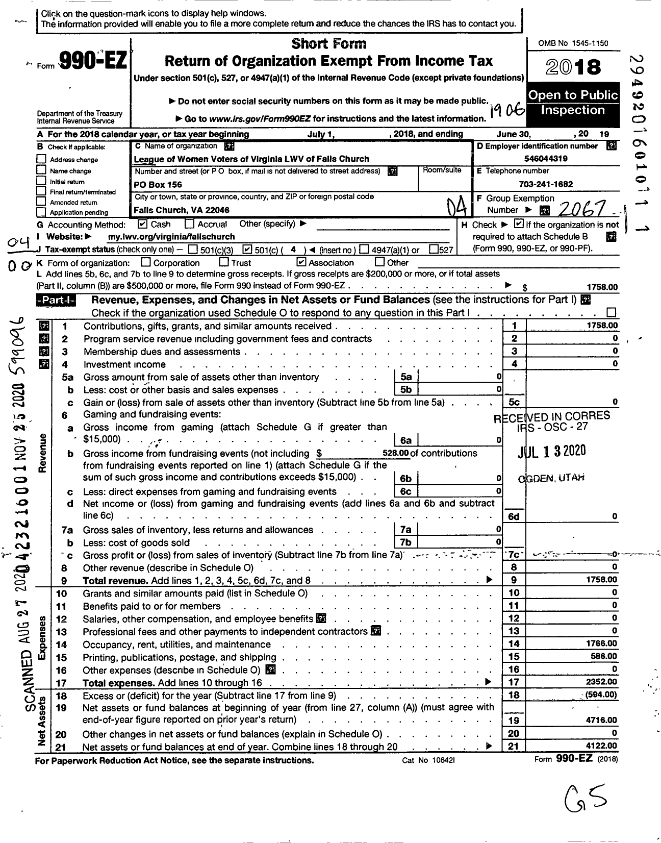 Image of first page of 2018 Form 990EO for League of Women Voters of Virginia / LWV of Falls Church