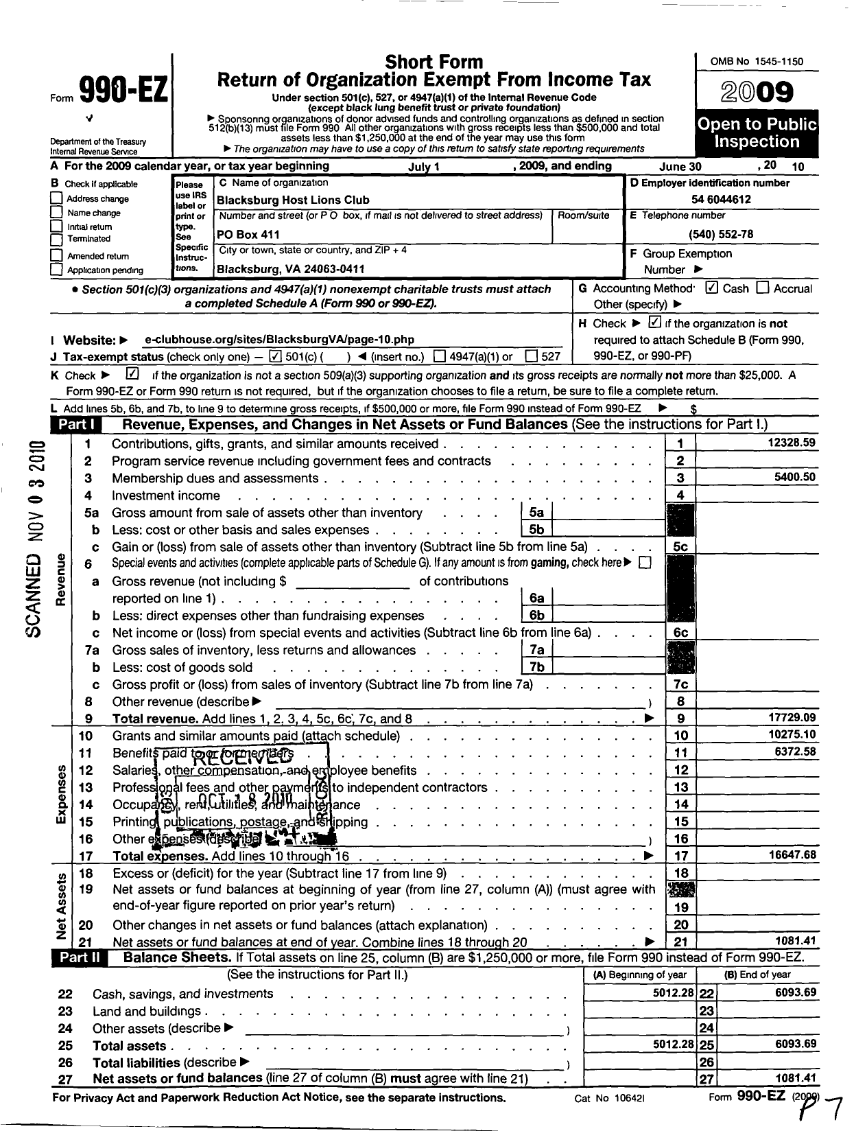 Image of first page of 2009 Form 990EO for Lions Clubs - 9321 Blacksburg Virginia