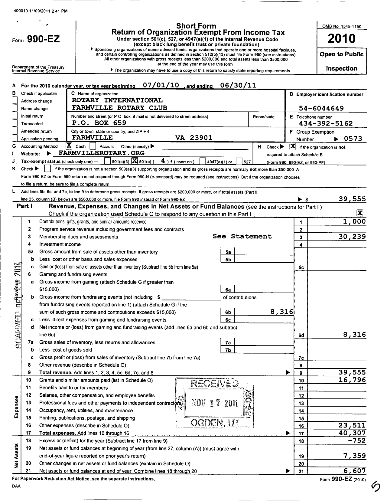 Image of first page of 2010 Form 990EO for Rotary International - Farmville Rotary Club