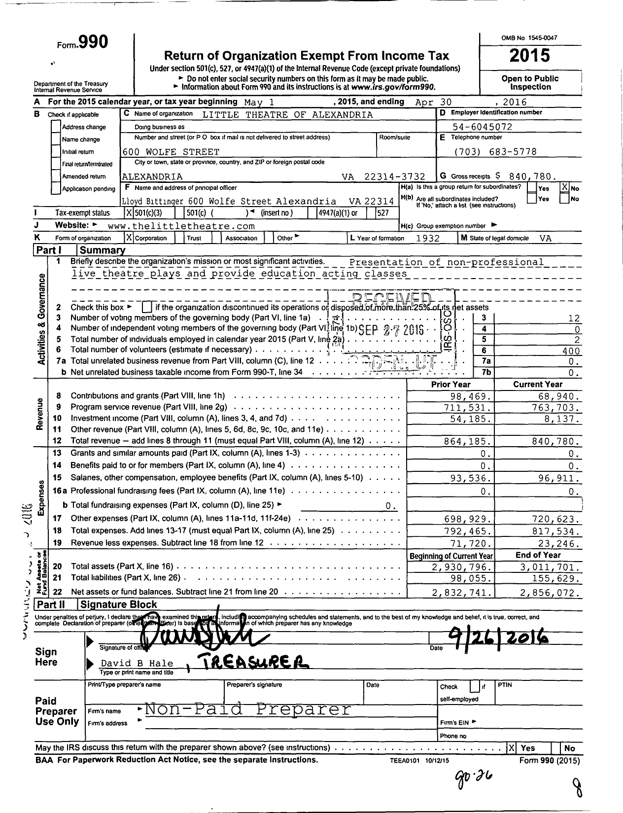 Image of first page of 2015 Form 990 for Little Theatre of Alexandria