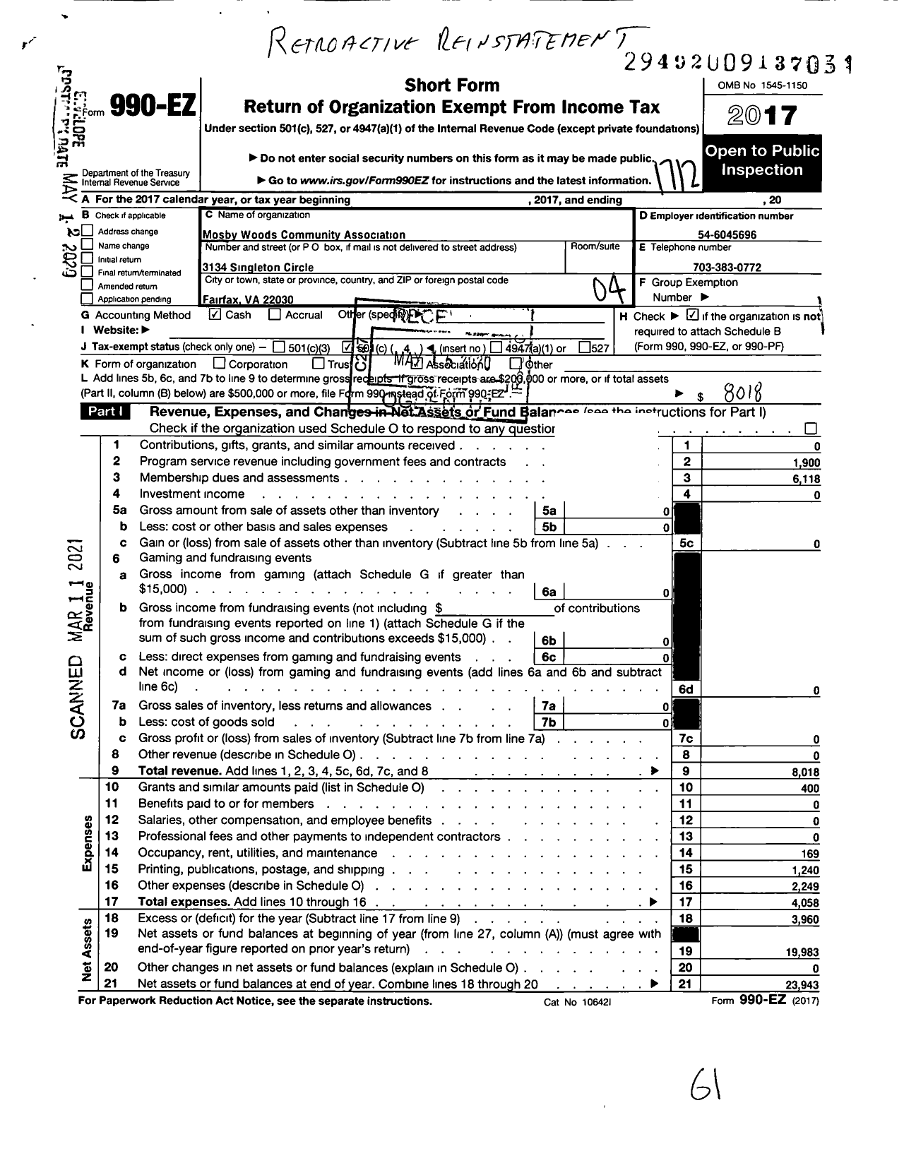 Image of first page of 2017 Form 990EO for Mosby Woods Community Association Incorporated