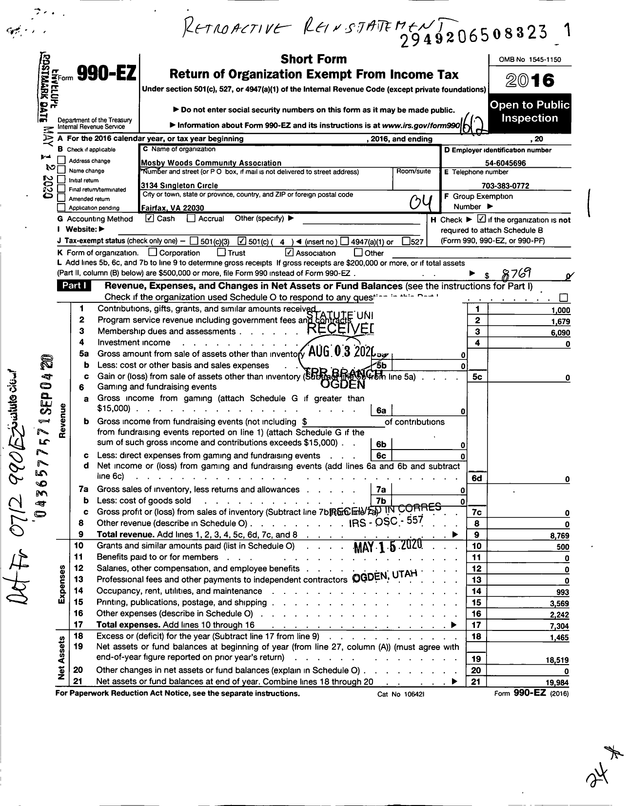 Image of first page of 2016 Form 990EO for Mosby Woods Community Association Incorporated