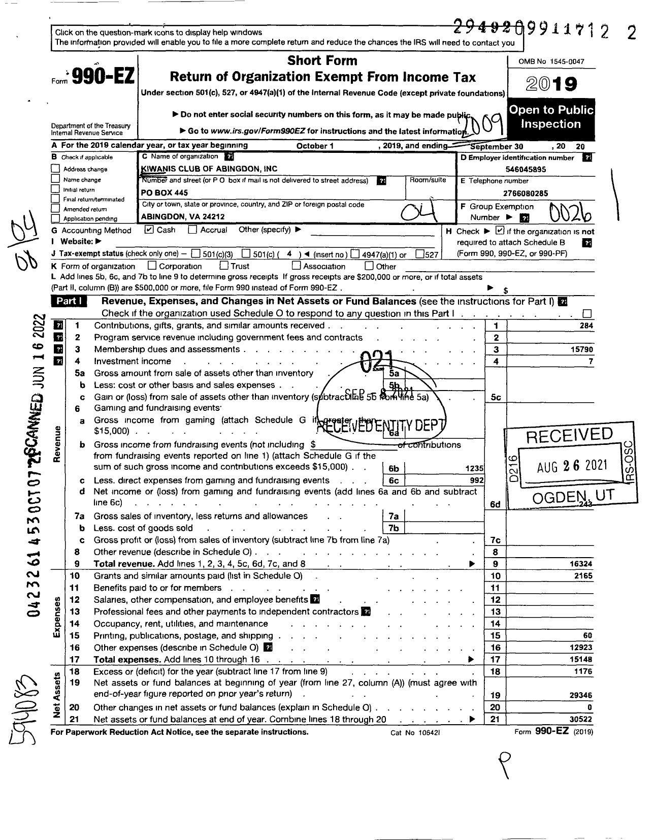 Image of first page of 2019 Form 990EO for Kiwanis International - K02490 Abingdon