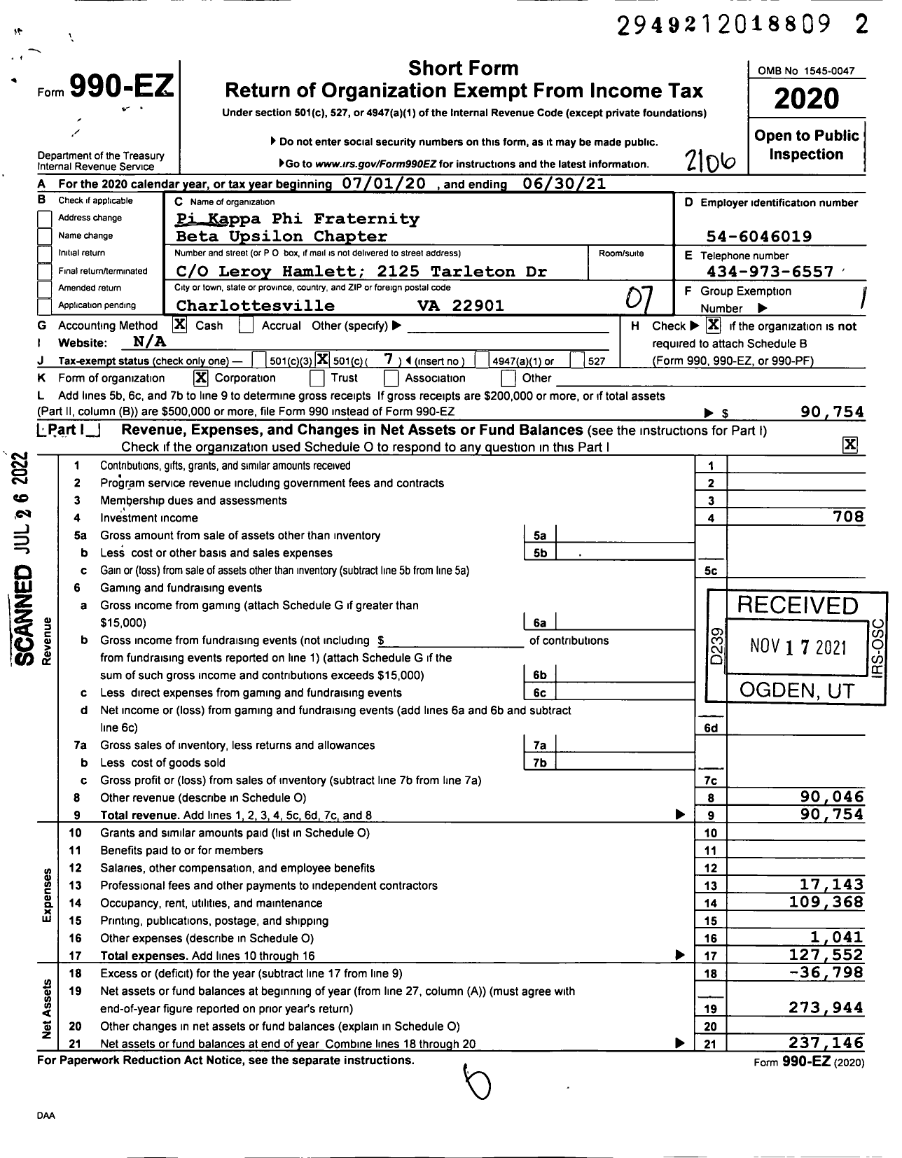 Image of first page of 2020 Form 990EO for Pi Kappa Phi Fraternity Beta Upsilon Chapter