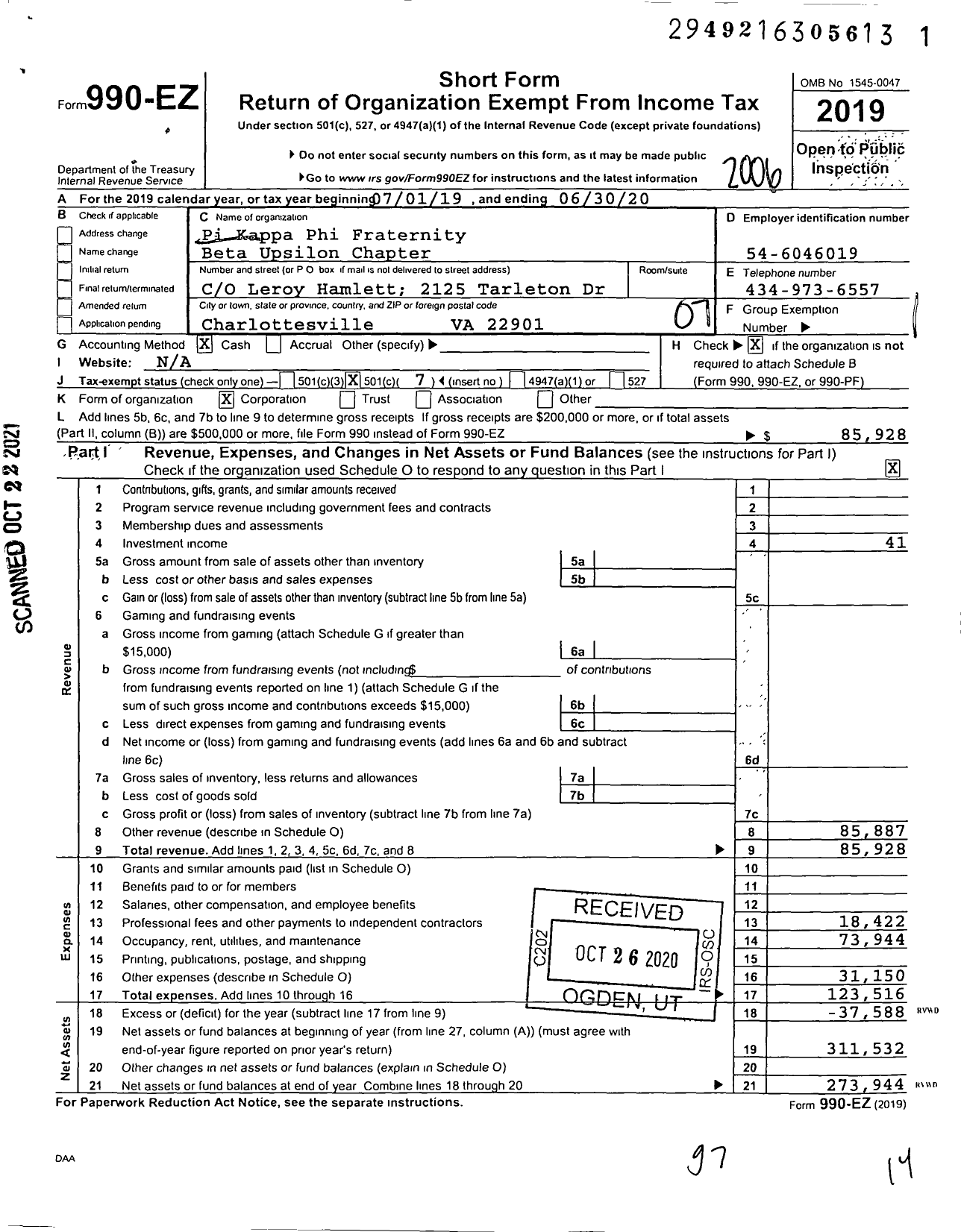 Image of first page of 2019 Form 990EO for Pi Kappa Phi Fraternity Beta Upsilon Chapter