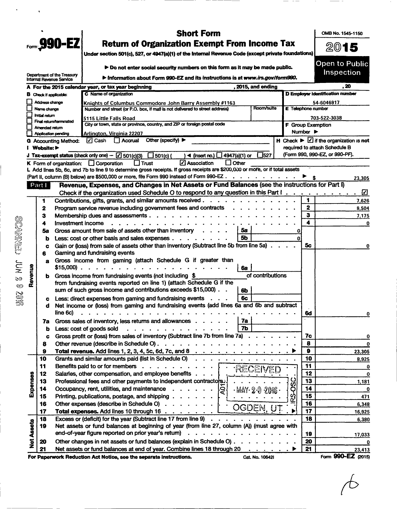 Image of first page of 2015 Form 990EZ for Knights of Columbus - 1163 Assembly Commodore John Barry