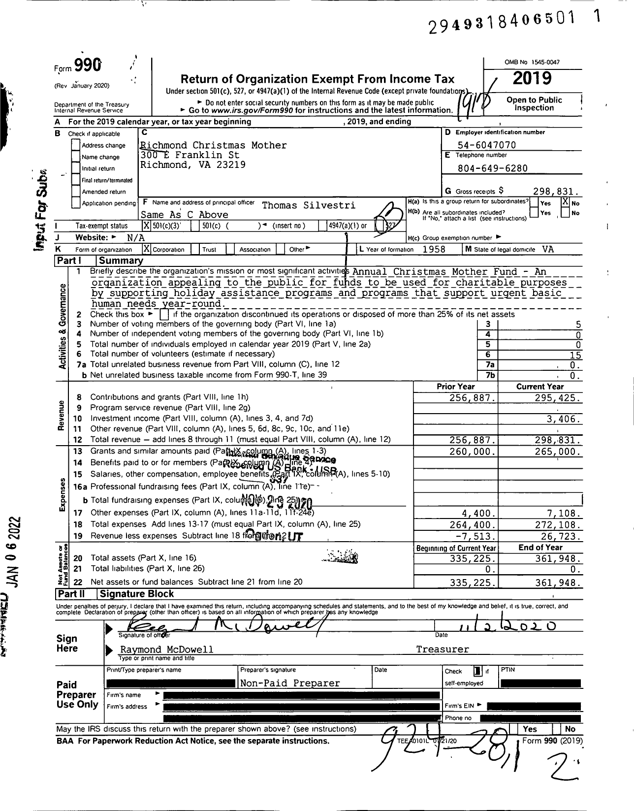 Image of first page of 2019 Form 990 for Richmond Christmas Mother Committee Christmas Mother