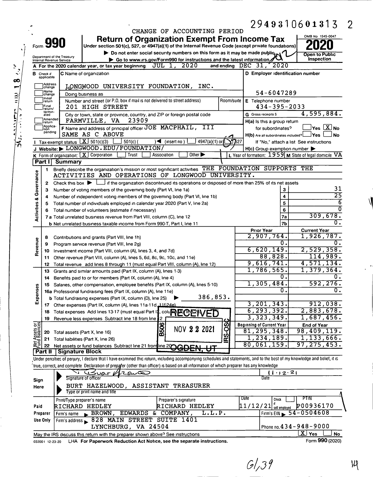 Image of first page of 2020 Form 990 for Longwood University Foundation