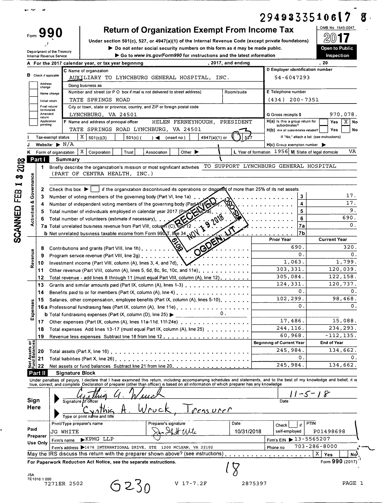Image of first page of 2017 Form 990 for Auxiliary To Lynchburg General Hospital