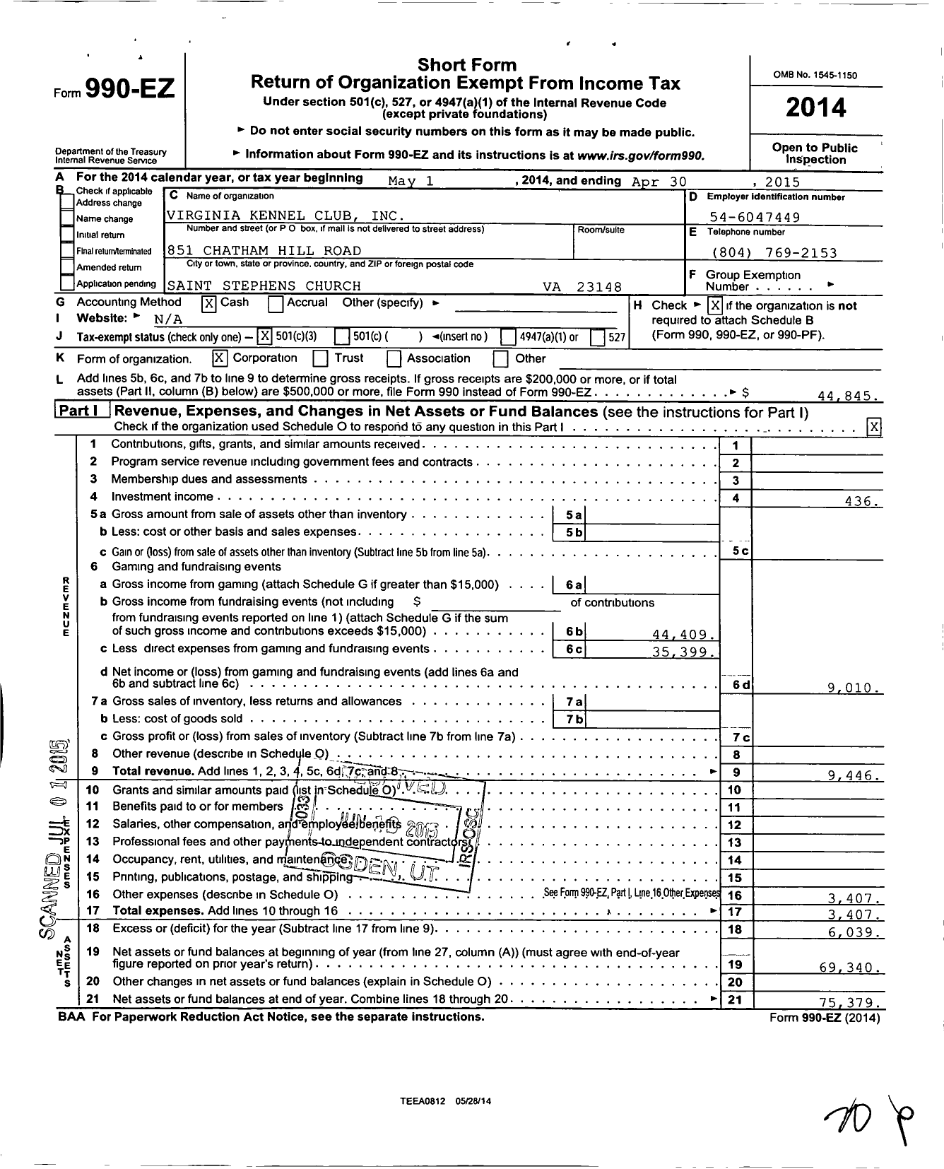 Image of first page of 2014 Form 990EZ for Virginia Kennel Club