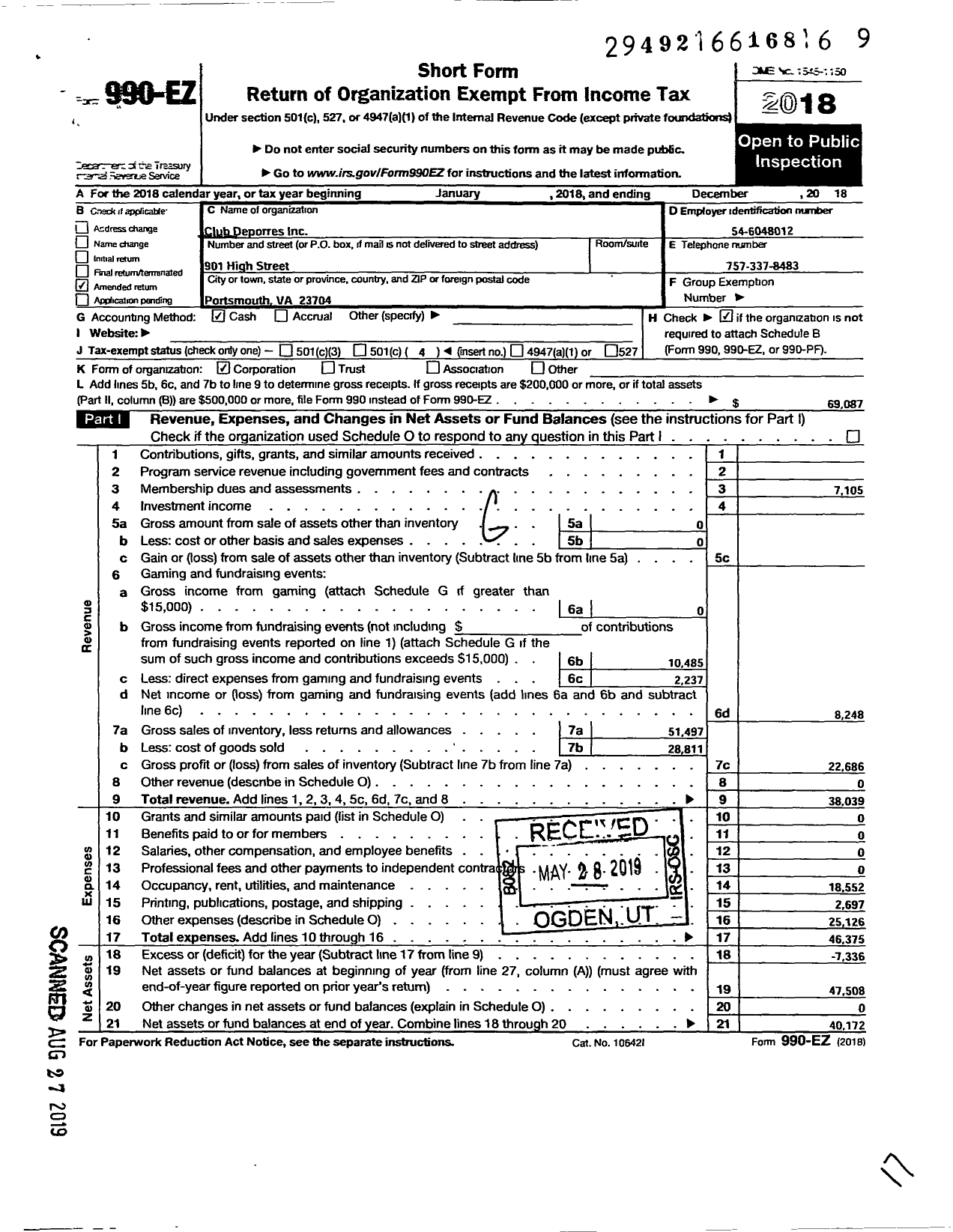 Image of first page of 2018 Form 990EO for Club Deporres Porres of the City of Portsmouth Va