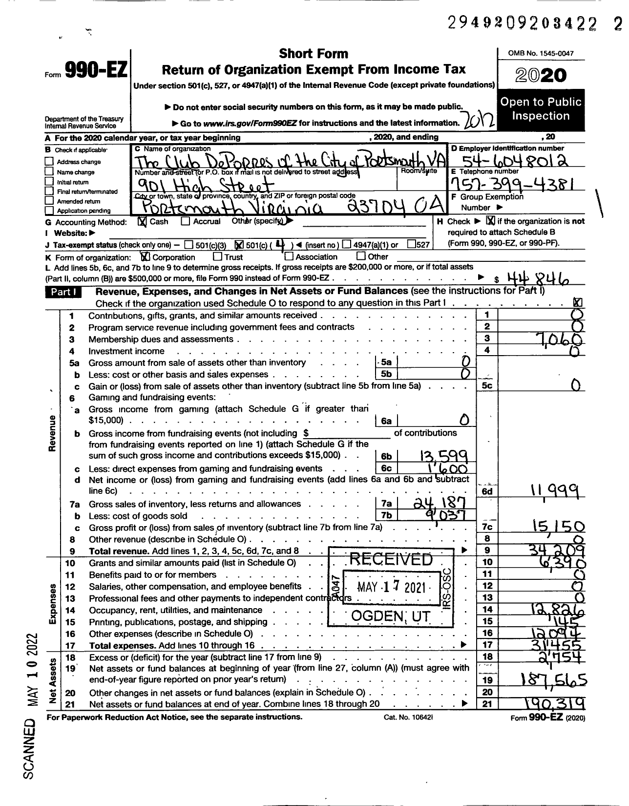 Image of first page of 2020 Form 990EO for Club Deporres Porres of the City of Portsmouth Va