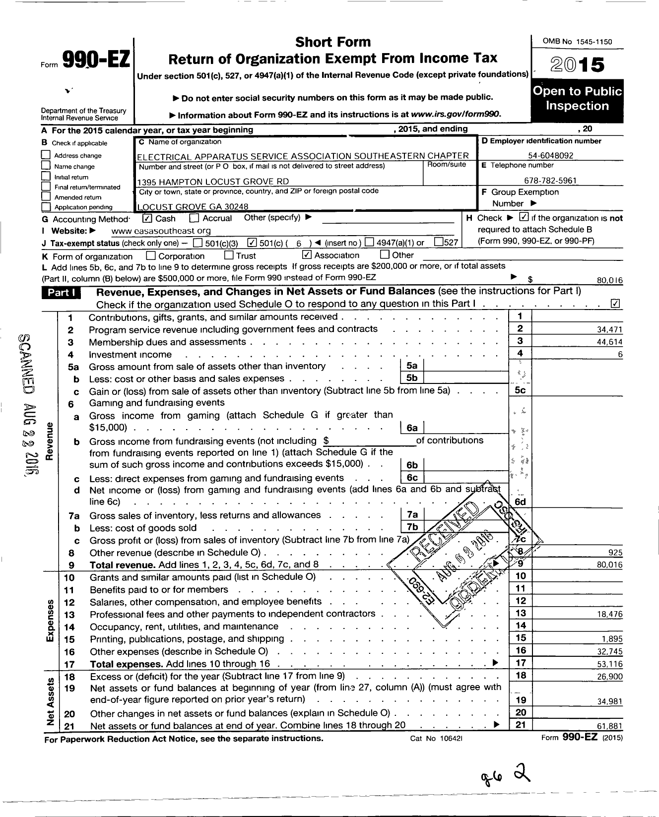 Image of first page of 2015 Form 990EO for Electrical Apparatus Service Association / Southeastern Chapter