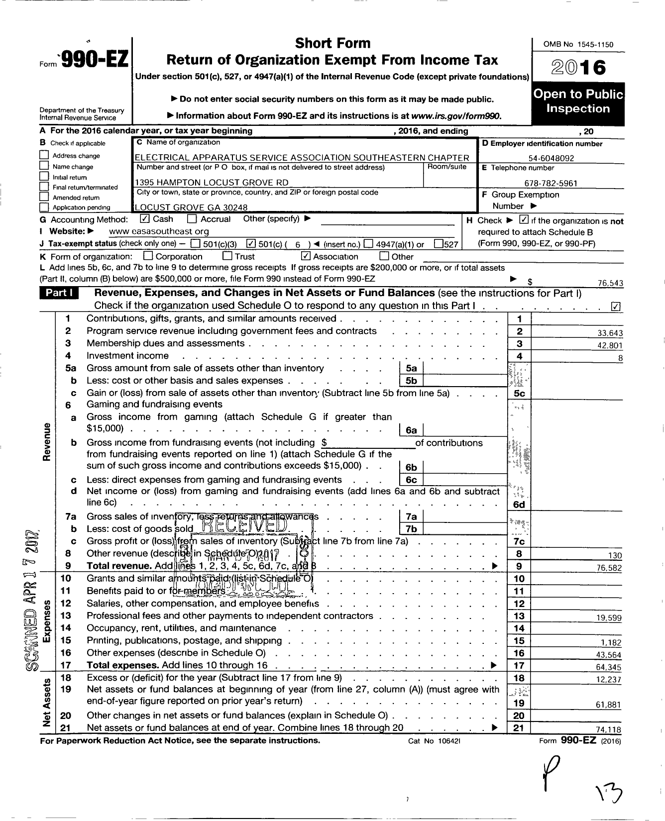 Image of first page of 2016 Form 990EO for Electrical Apparatus Service Association / Southeastern Chapter