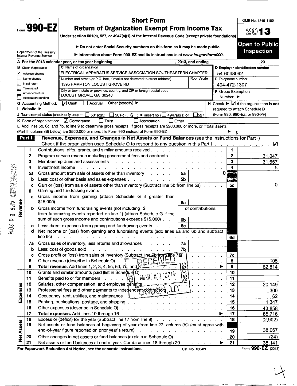 Image of first page of 2013 Form 990EO for Electrical Apparatus Service Association / Southeastern Chapter