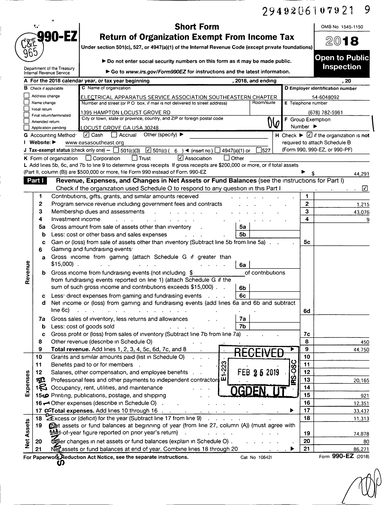 Image of first page of 2018 Form 990EO for Electrical Apparatus Service Association / Southeastern Chapter