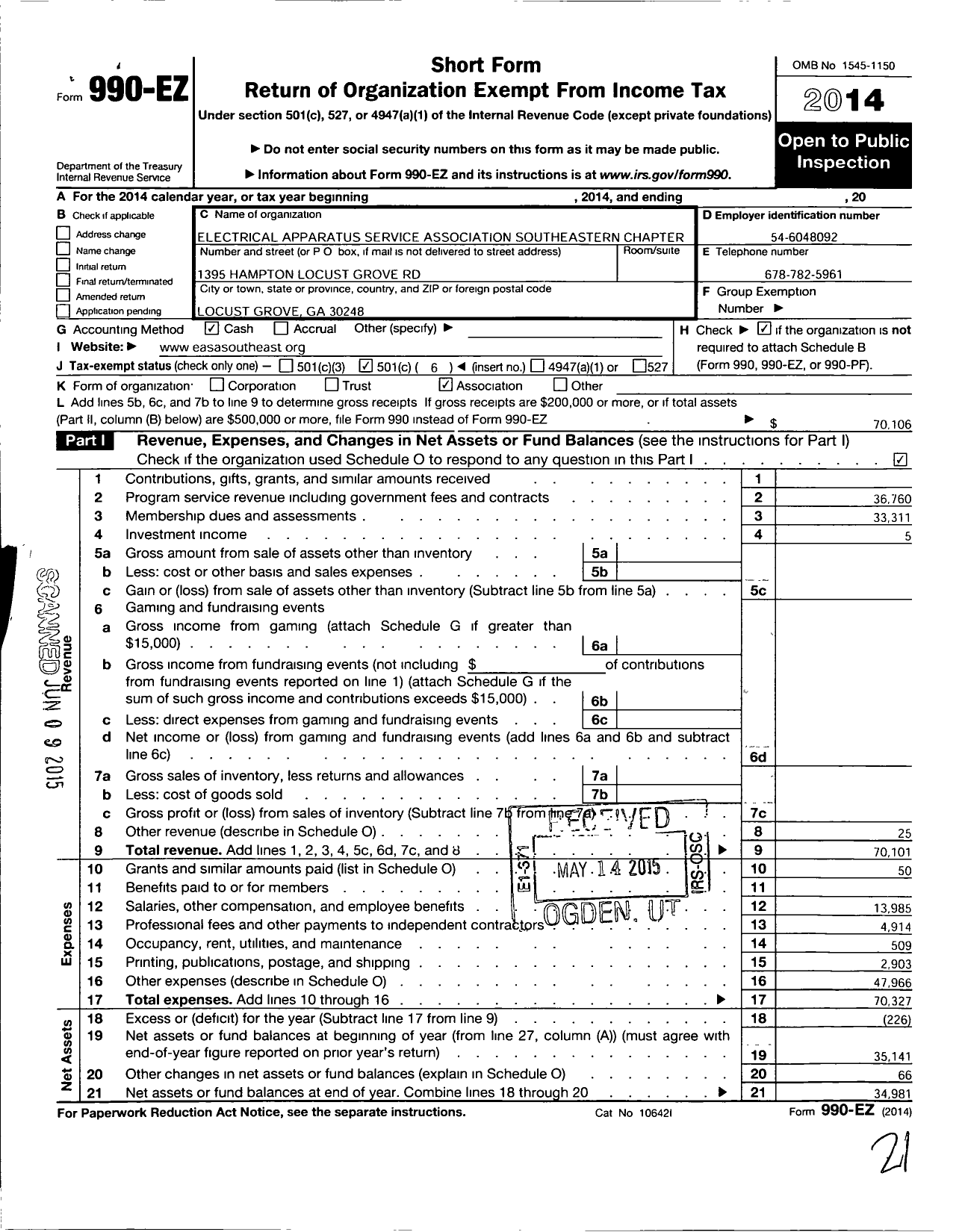 Image of first page of 2014 Form 990EO for Electrical Apparatus Service Association / Southeastern Chapter