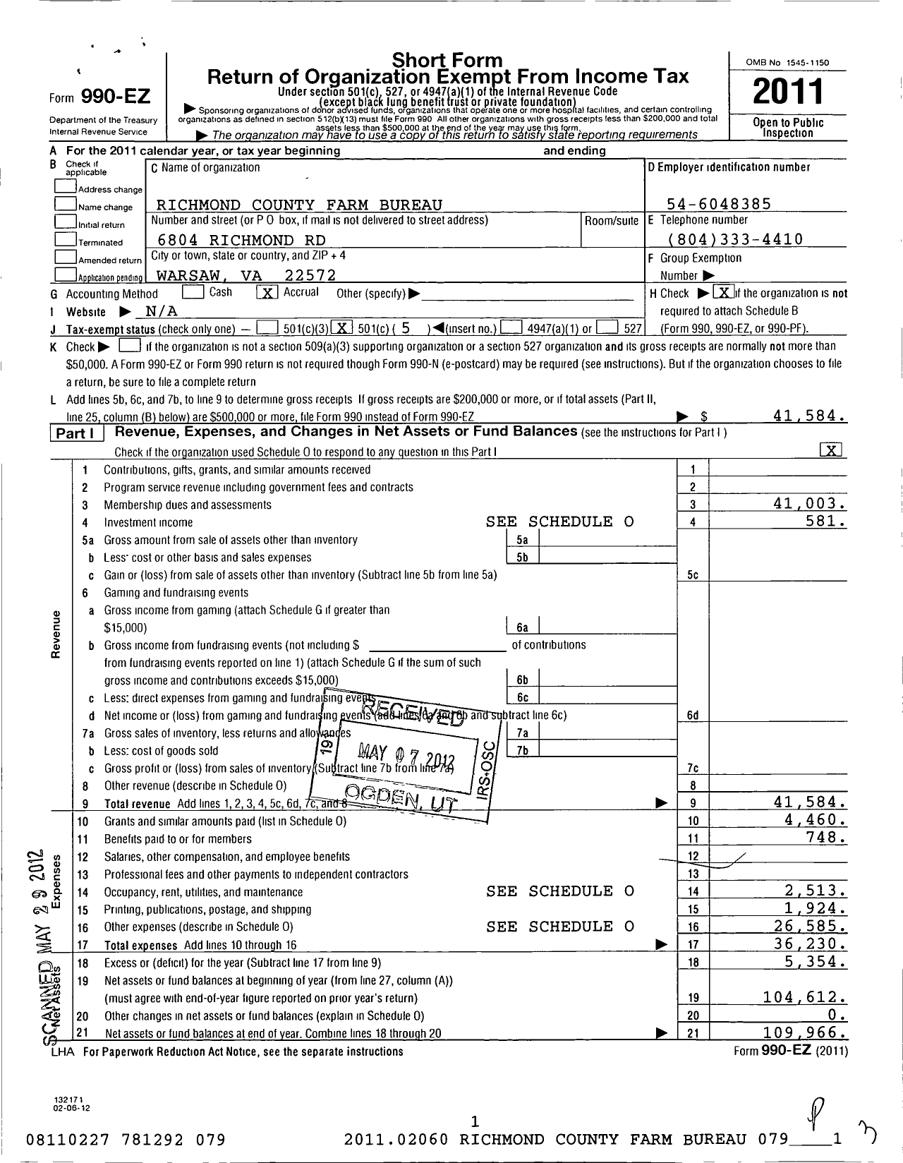 Image of first page of 2011 Form 990EO for Richmond County Farm Bureau