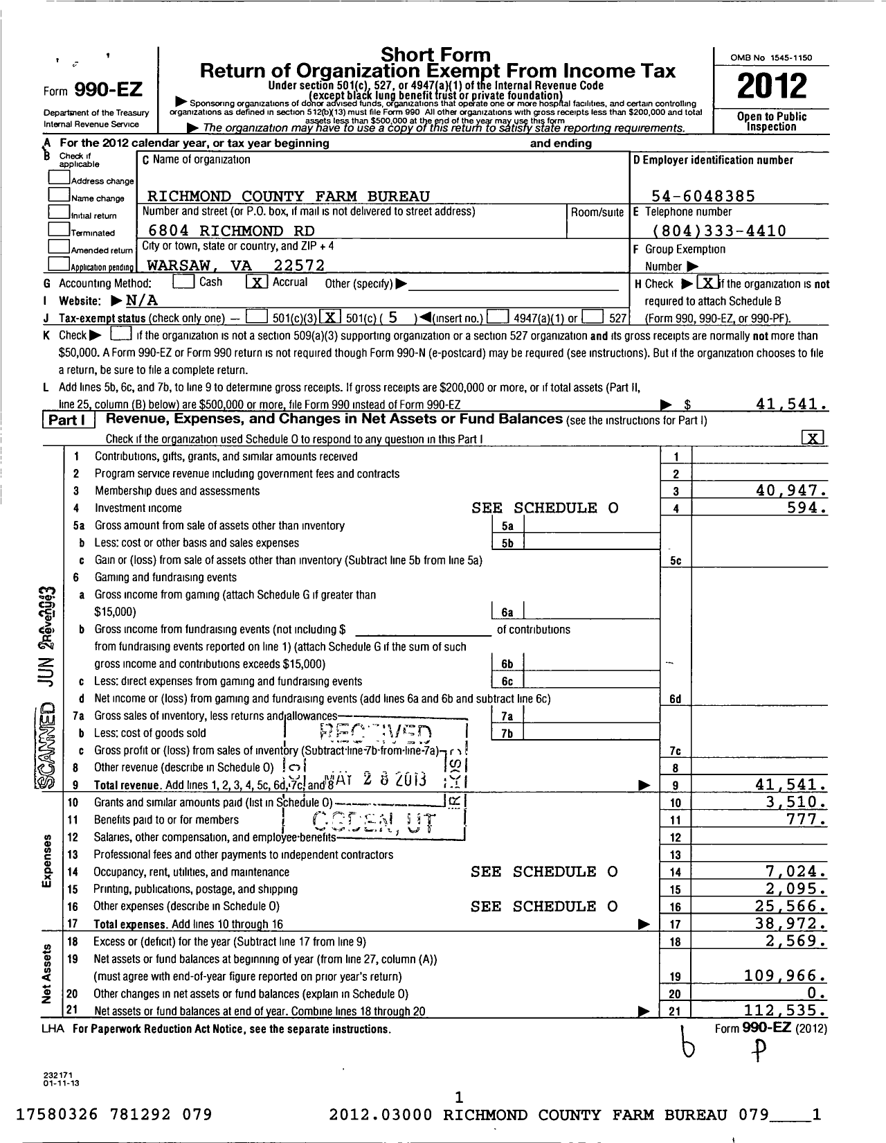 Image of first page of 2012 Form 990EO for Richmond County Farm Bureau