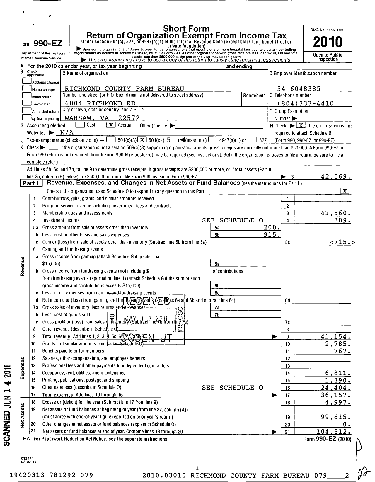 Image of first page of 2010 Form 990EO for Richmond County Farm Bureau