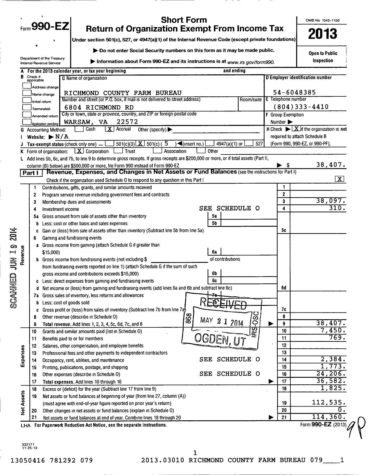 Image of first page of 2013 Form 990EO for Richmond County Farm Bureau