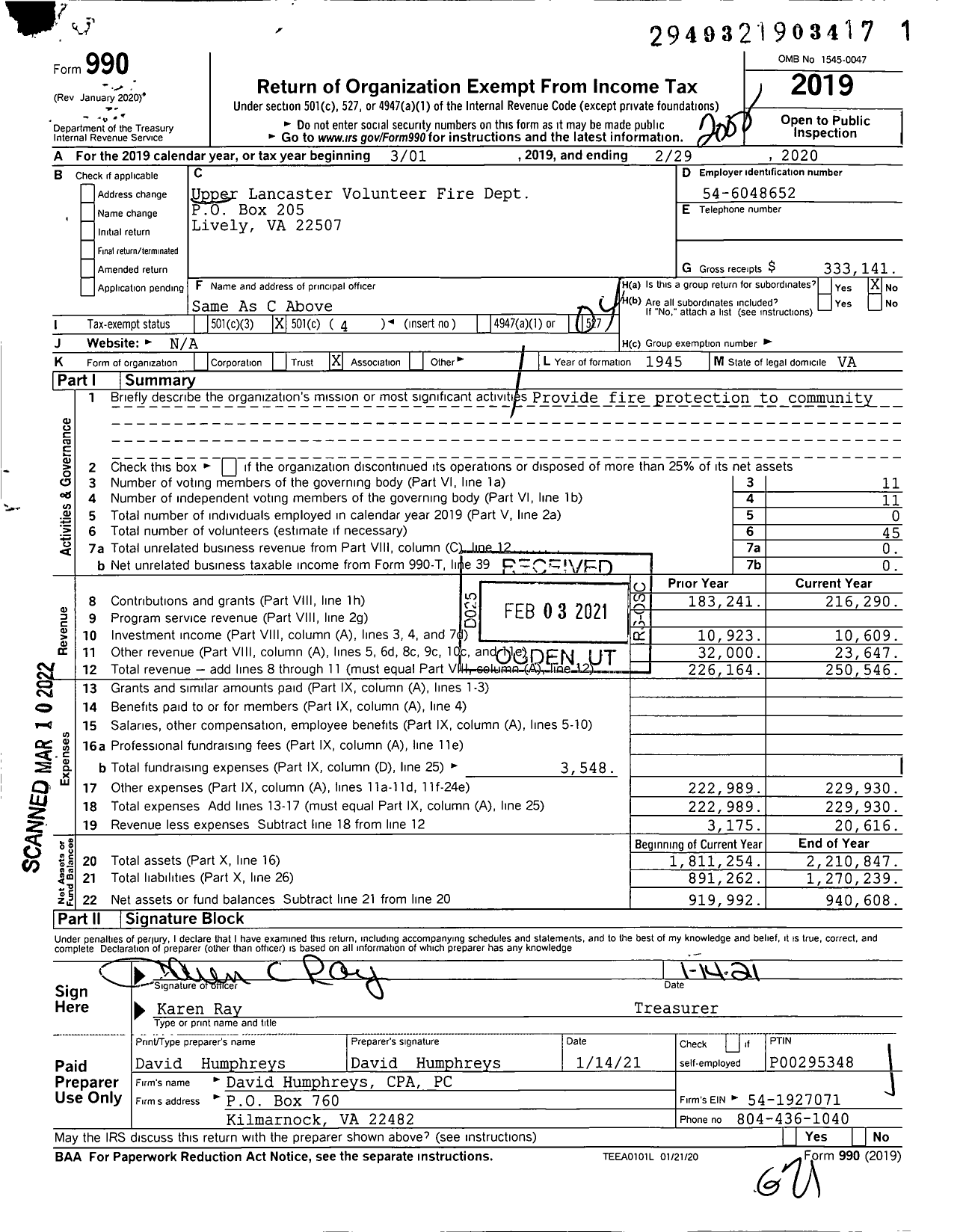 Image of first page of 2019 Form 990O for Upper Lancaster Volunteer Fire Dept Upper Lancaster Volunteer Fire Dept