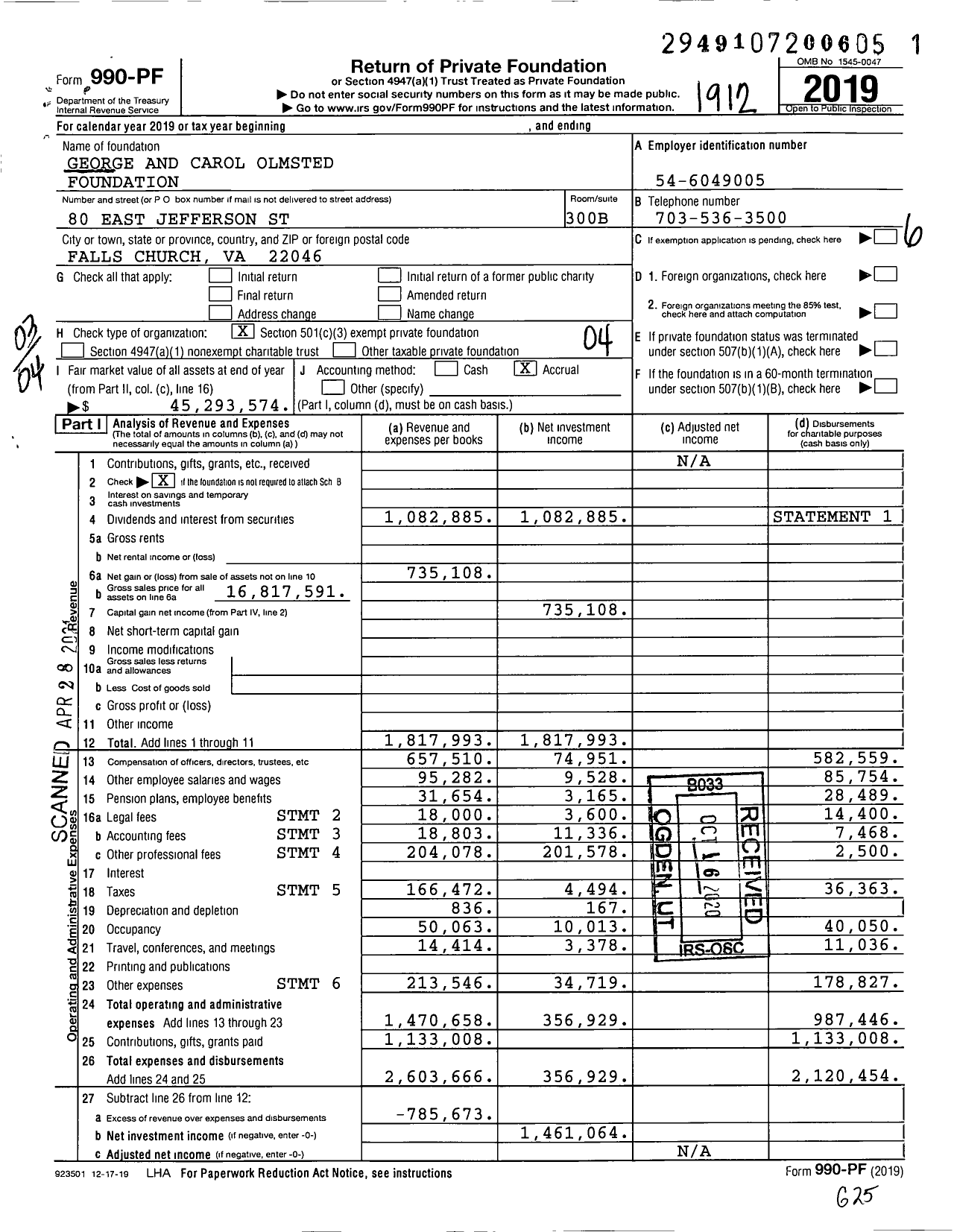 Image of first page of 2019 Form 990PF for George and Carol Olmsted Foundation