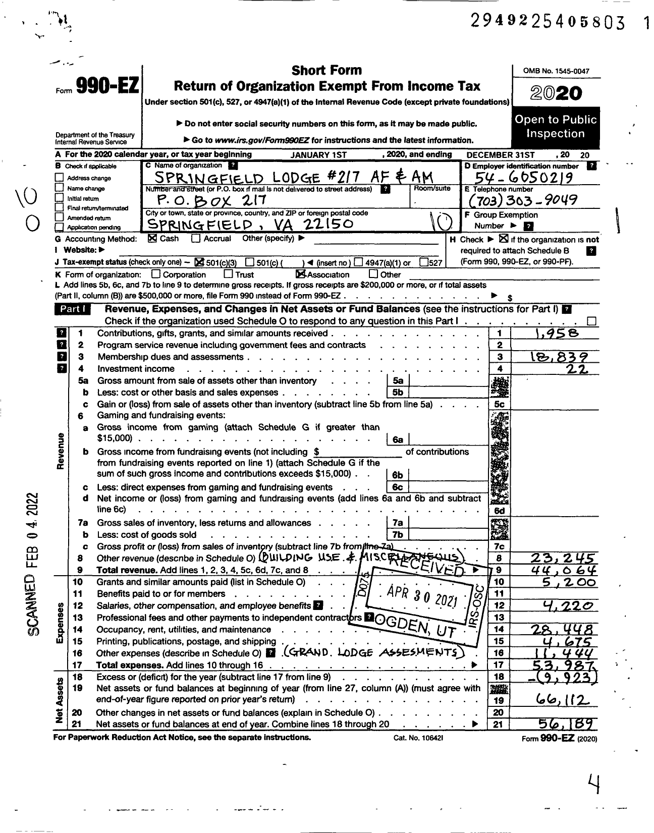 Image of first page of 2020 Form 990EO for FREE and ACCEPTED MASONS OF VIRGINIA - 217 Springfield Lodge