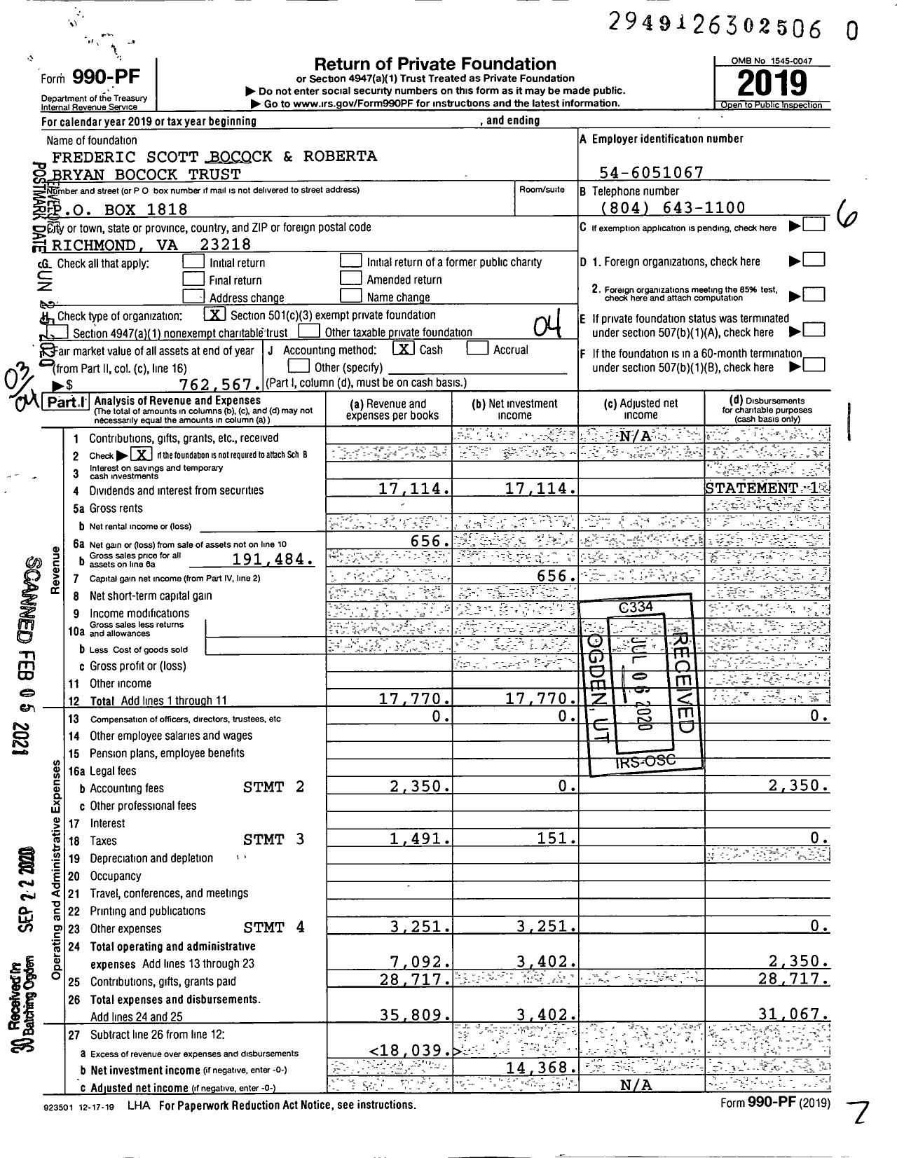 Image of first page of 2019 Form 990PF for Frederic Scott Bocock and Roberta Bryan Bocock Trust