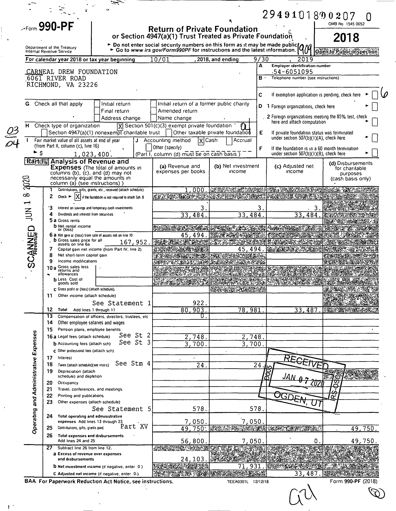 Image of first page of 2018 Form 990PR for Carneal Drew Foundation