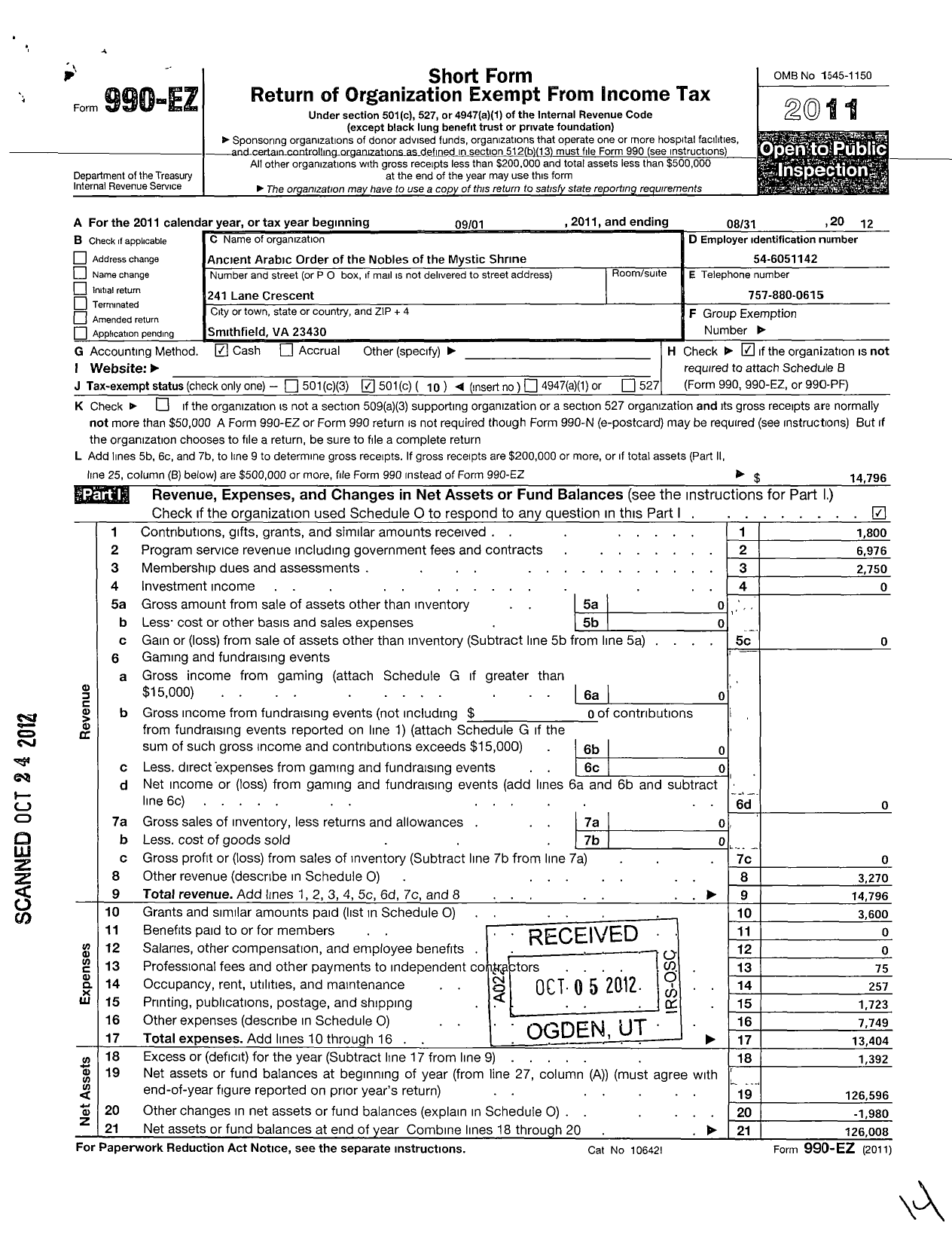 Image of first page of 2011 Form 990EO for Shriners International - Mid-Atlantic Shrine Assn