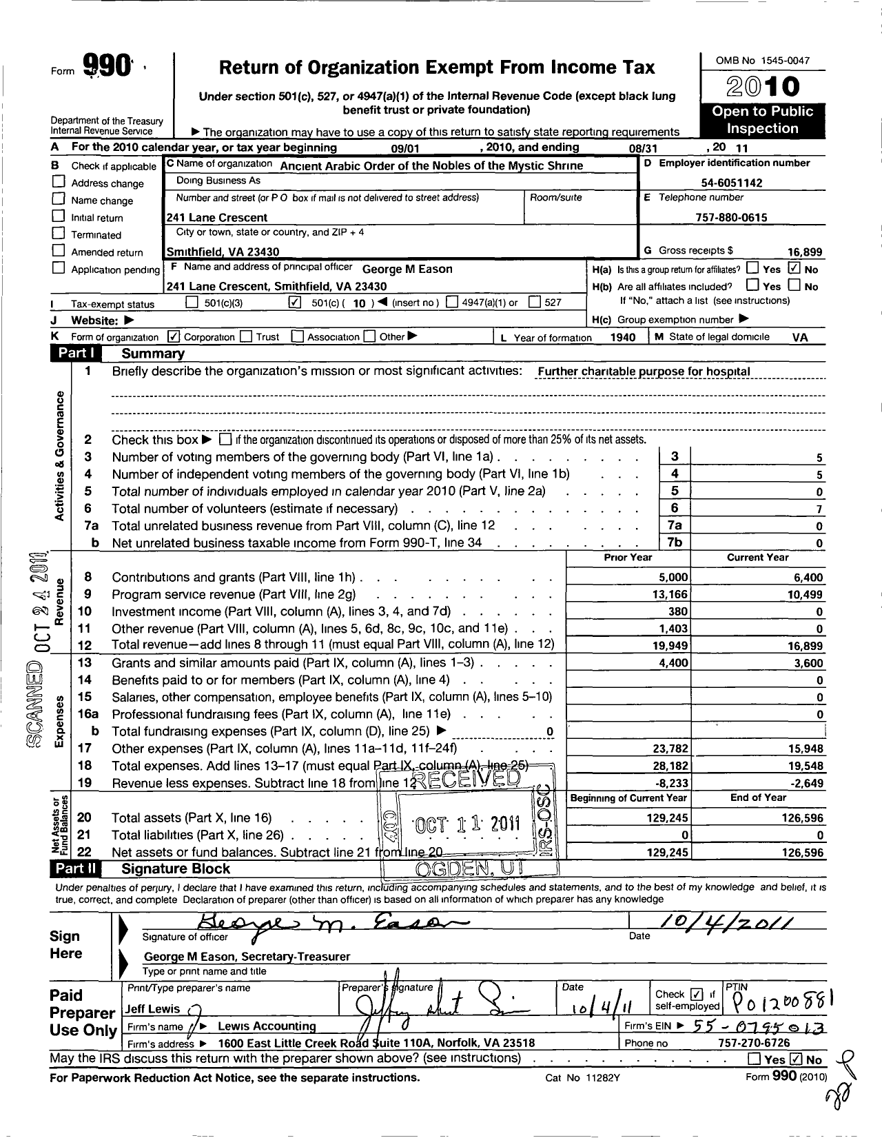 Image of first page of 2010 Form 990O for Shriners International - Mid-Atlantic Shrine Assn