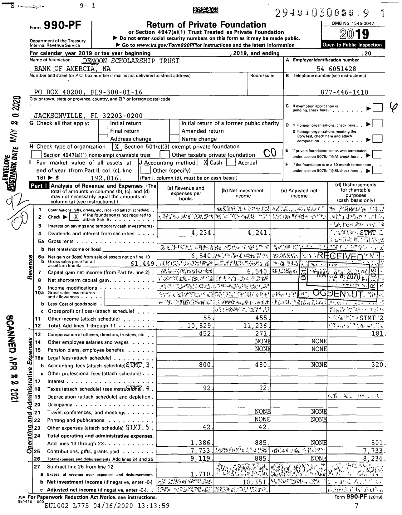 Image of first page of 2019 Form 990PF for Denoon Scholarship Trust