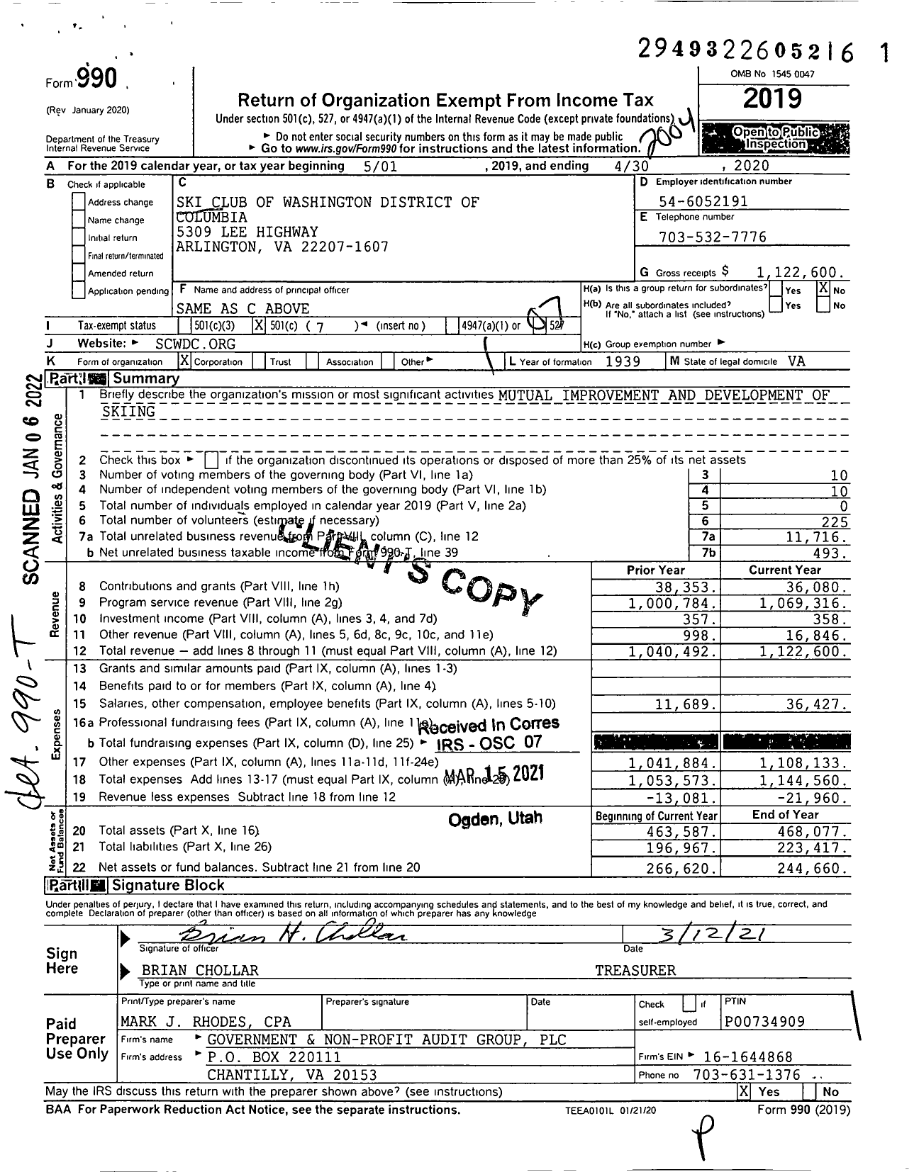 Image of first page of 2019 Form 990O for Ski Club of Washington District of Columbia