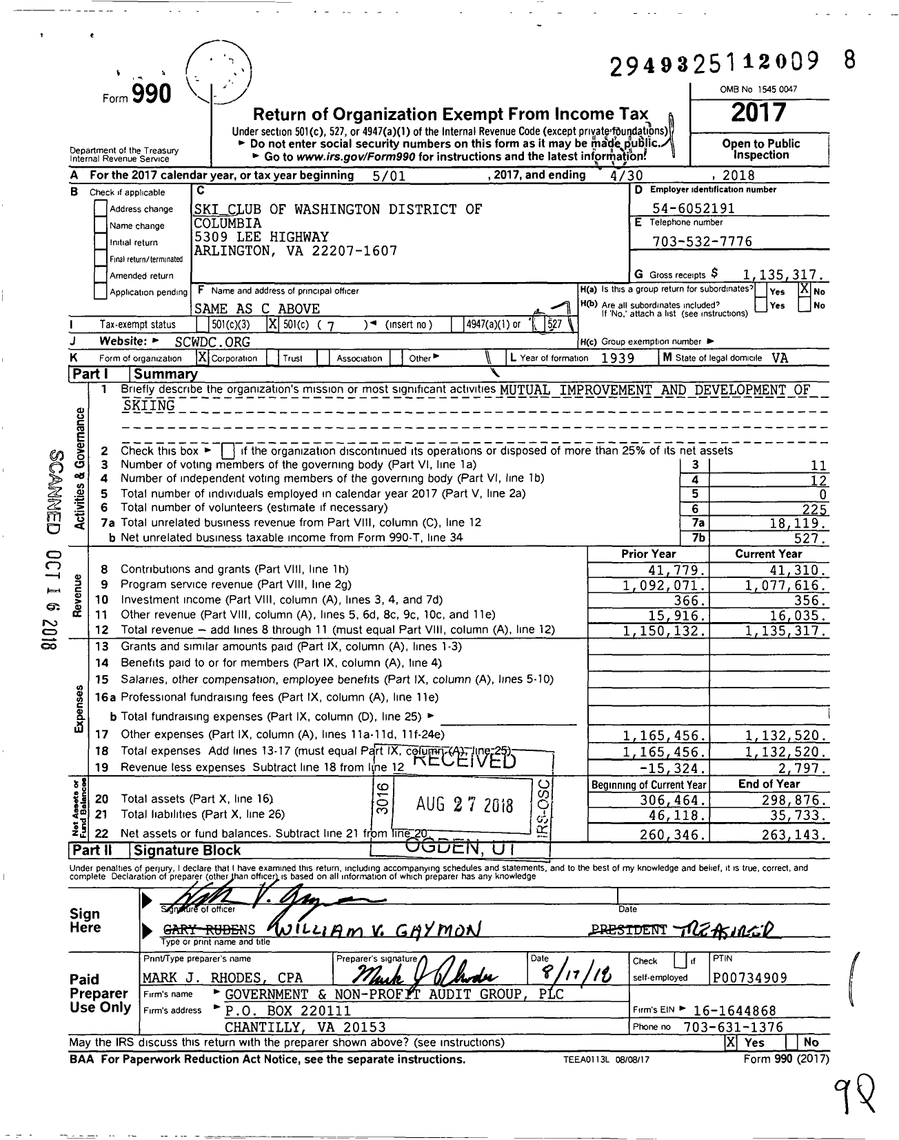 Image of first page of 2017 Form 990O for Ski Club of Washington District of Columbia