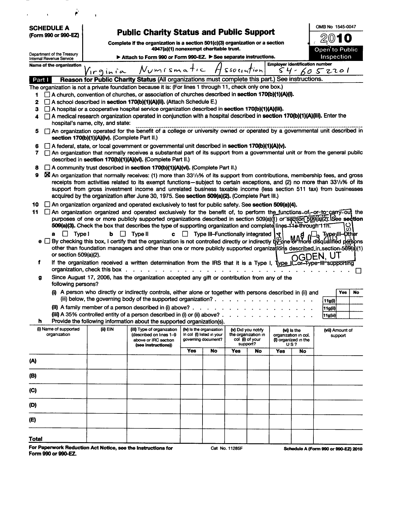 Image of first page of 2010 Form 990ER for Virginia Numismatic Association