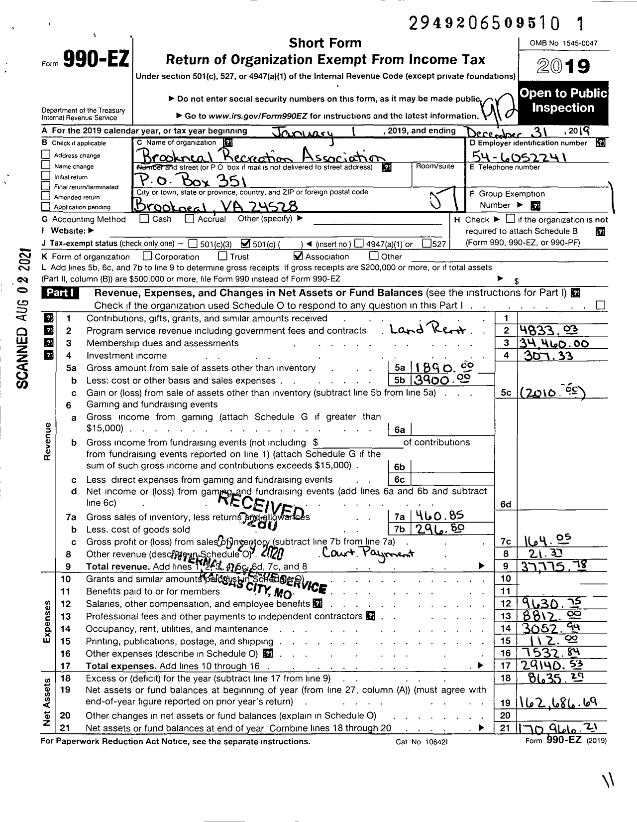 Image of first page of 2019 Form 990EO for Brookneal Recreation Asso