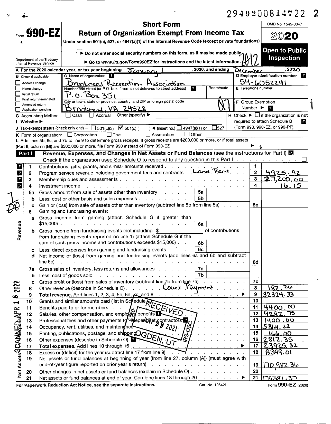 Image of first page of 2020 Form 990EO for Brookneal Recreation Asso