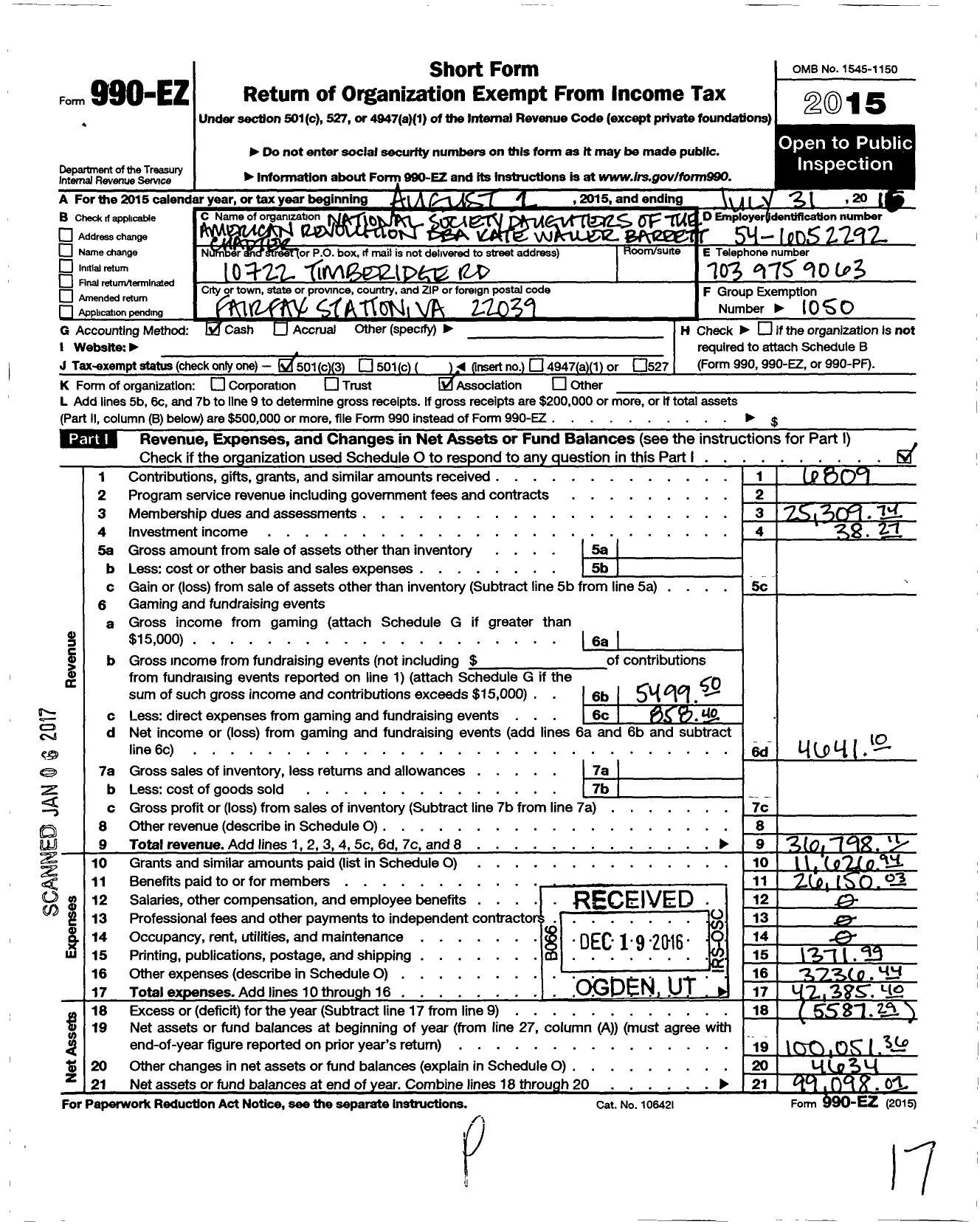 Image of first page of 2015 Form 990EZ for Daughters of the American Revolution - Kate Waller Barrett Dar