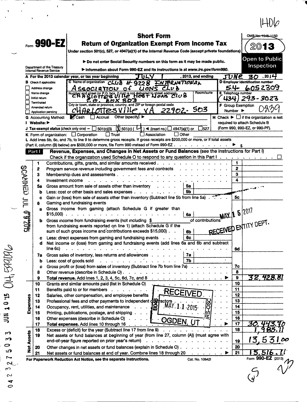 Image of first page of 2013 Form 990EO for Lions Clubs - 9228 Charlottesville Host Virginia