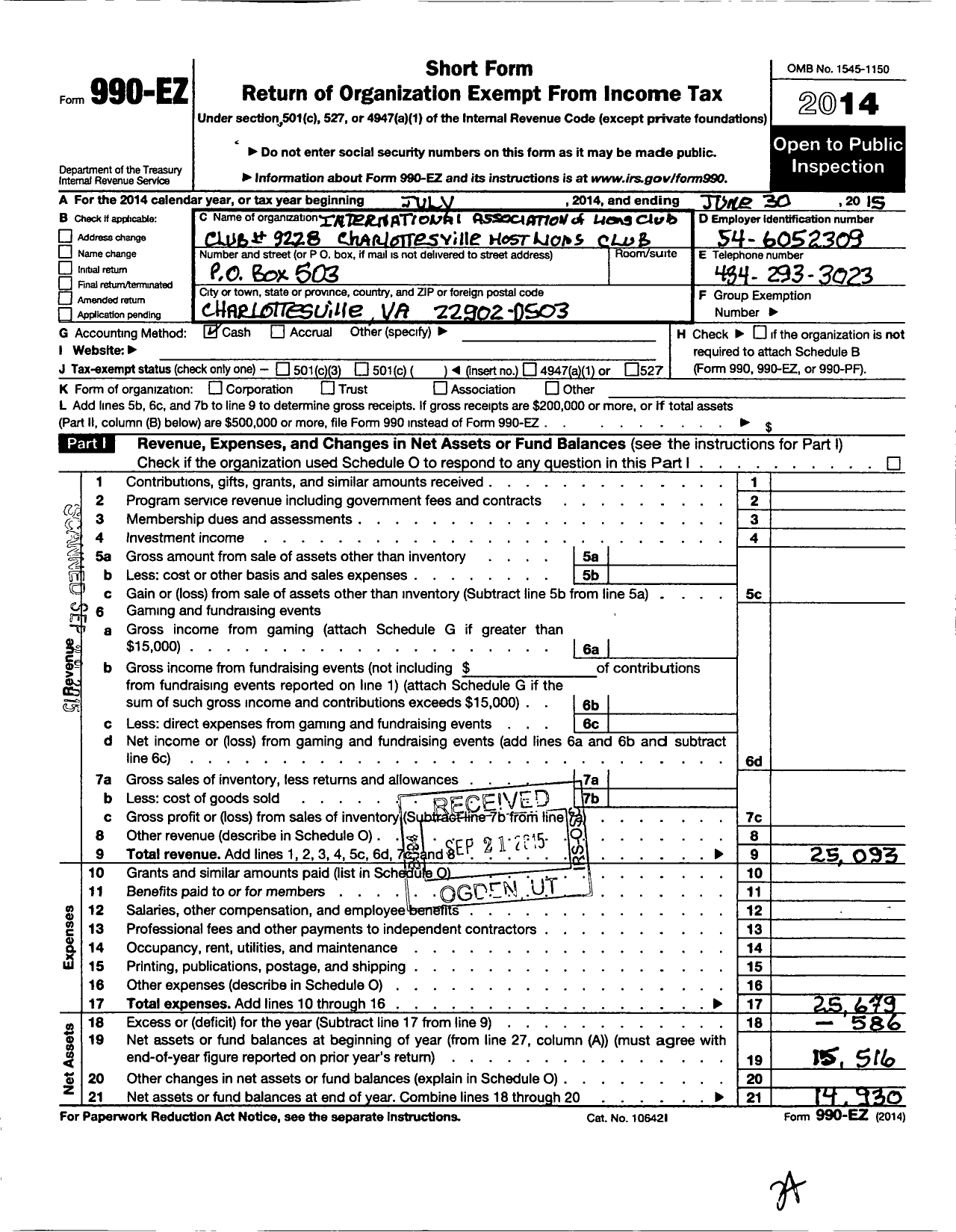 Image of first page of 2014 Form 990EO for Lions Clubs - 9228 Charlottesville Host Virginia