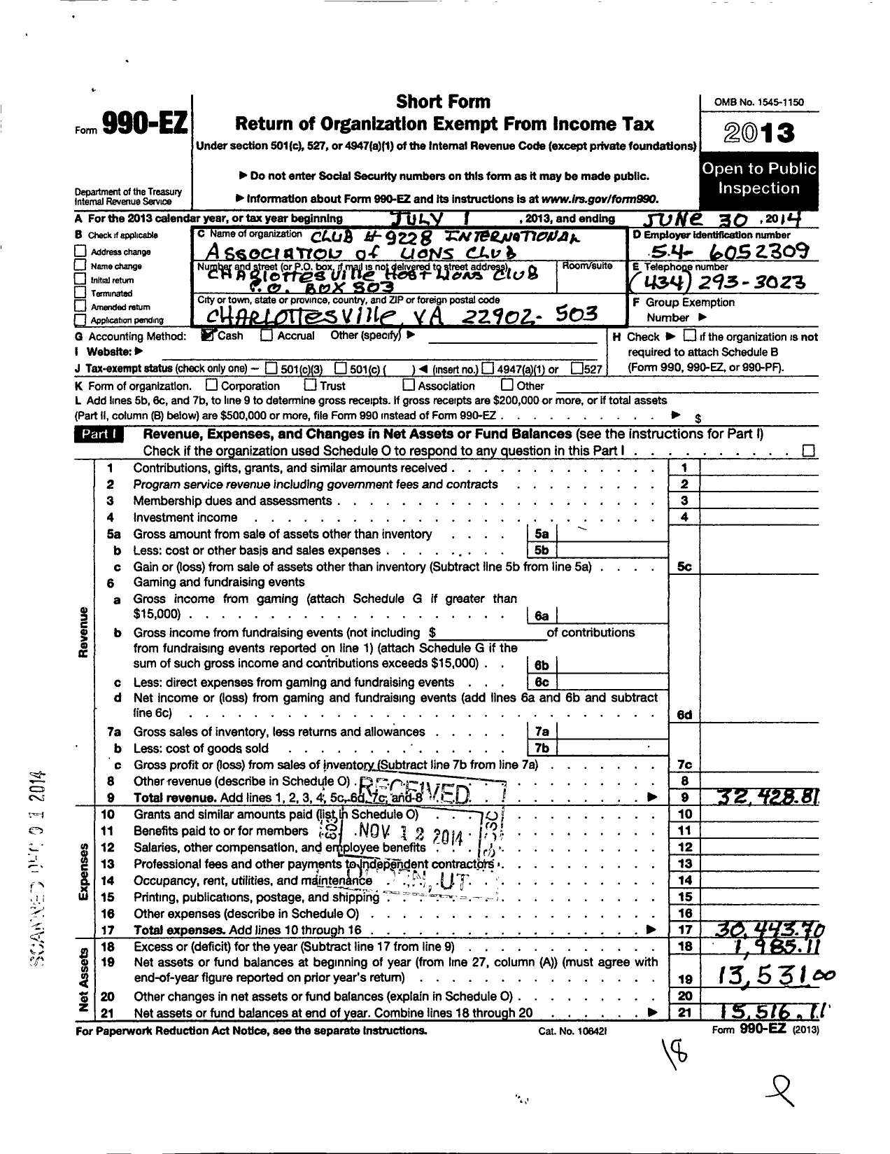 Image of first page of 2013 Form 990EO for Lions Clubs - 9228 Charlottesville Host Virginia