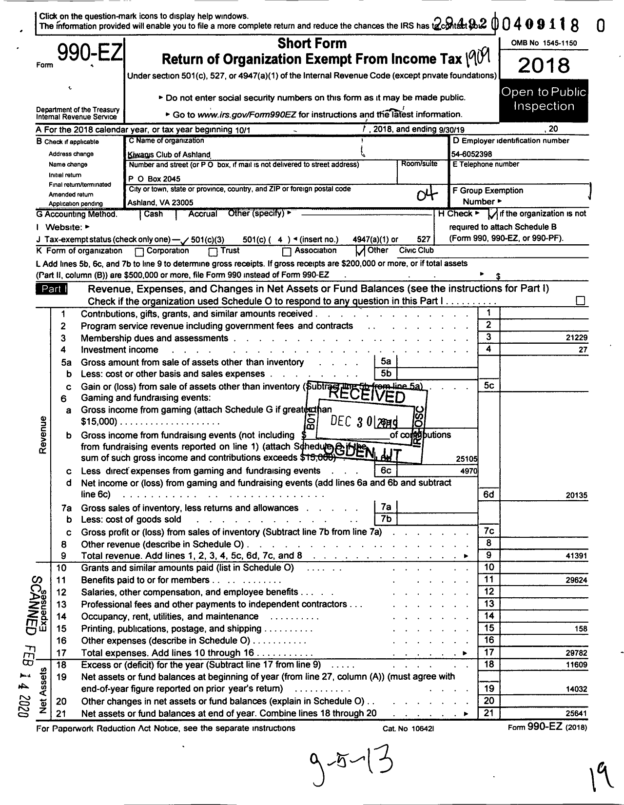 Image of first page of 2018 Form 990EO for Kiwanis International - K00952 Ashland