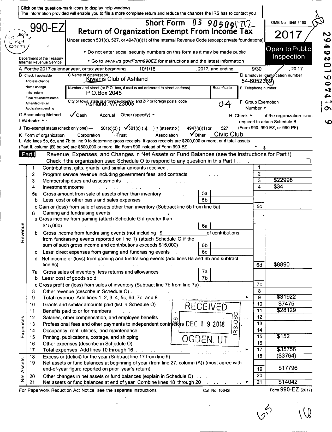 Image of first page of 2017 Form 990EO for Kiwanis International - K00952 Ashland