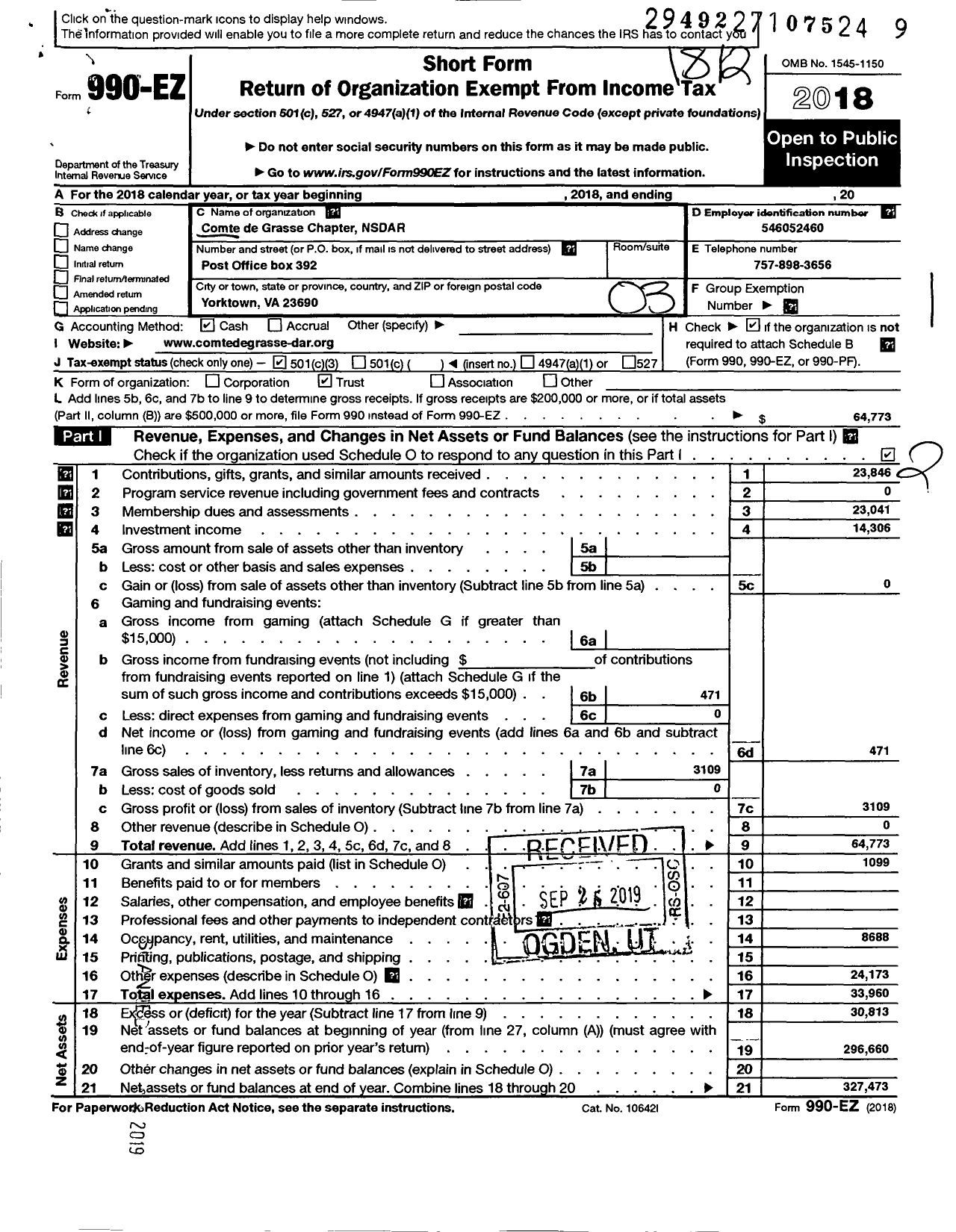 Image of first page of 2018 Form 990EZ for Daughters of the American Revolution - Comte de Grasse Dar